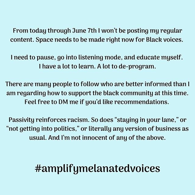 This week I&rsquo;ll be participating in the #amplifymelanatedvoices challenge. Thank you to @jessicawilson.msrd and @blackandembodied for calling white content creators to action. From today through June 7th I won&rsquo;t be posting my regular conte