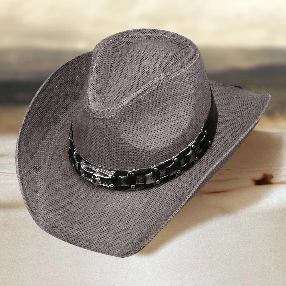 Gray Western Straw Cowboy Hat with Leather Band Avery | Mens Gray Pinch Front Western Curled Straw Cowboy  main image 4
