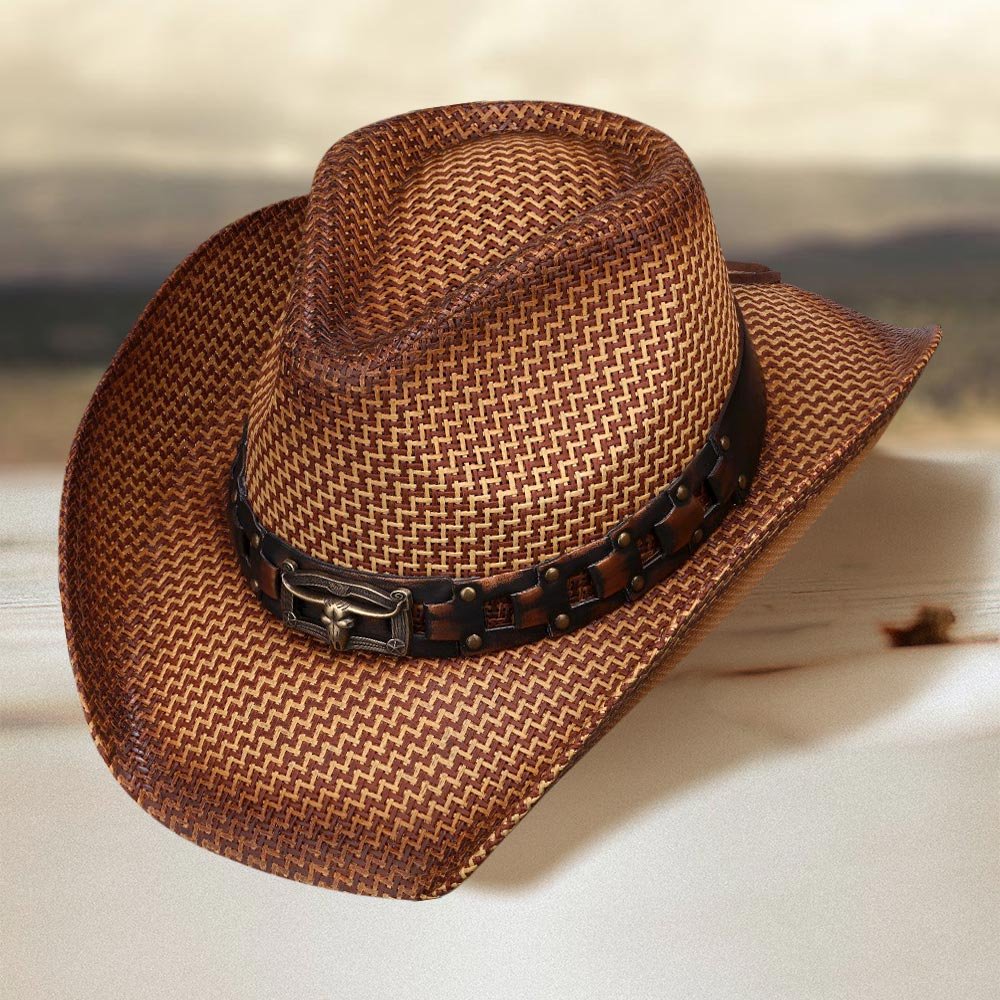 Metal Steer Head Pointed Leather Band Western Straw Cowboy Hat