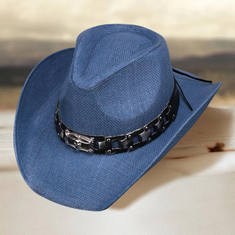 Blue Metal Steer Leather Band Western Straw Cowboy Hat