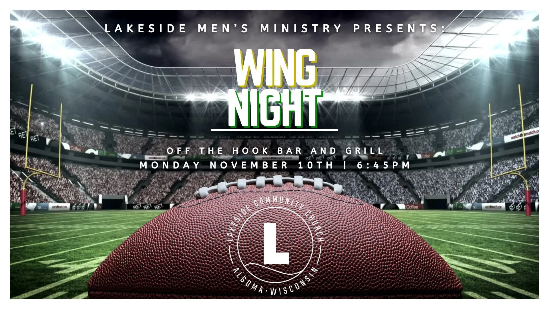 Men, mark your calendars! 
Join us on November 10 at 6:45pm at Off the Hook for Monday Night Football! We’ve got tables reserved, good food waiting, and a great night of community ahead.