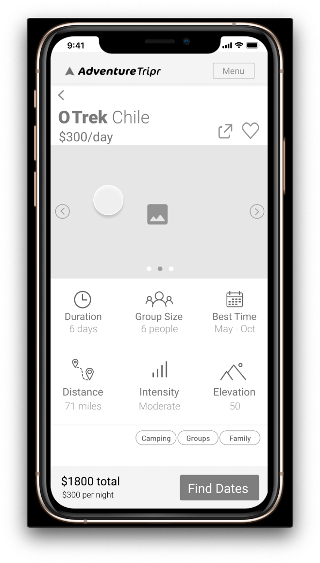 A mobile phone mockup displays a travel application interface titled AdventureTripr with sections for O Trek Chile, duration, group size, best time, distance, intensity, and elevation details.