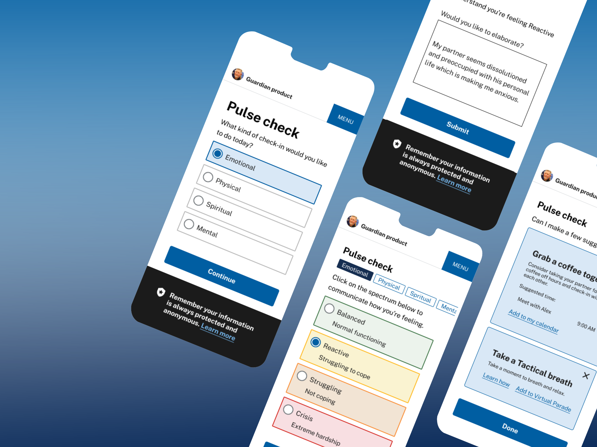 Four floating iPhone mockups arranged diagonally against a dark blue background, each displaying different screens of a mobile application including charts, lists, and profiles.