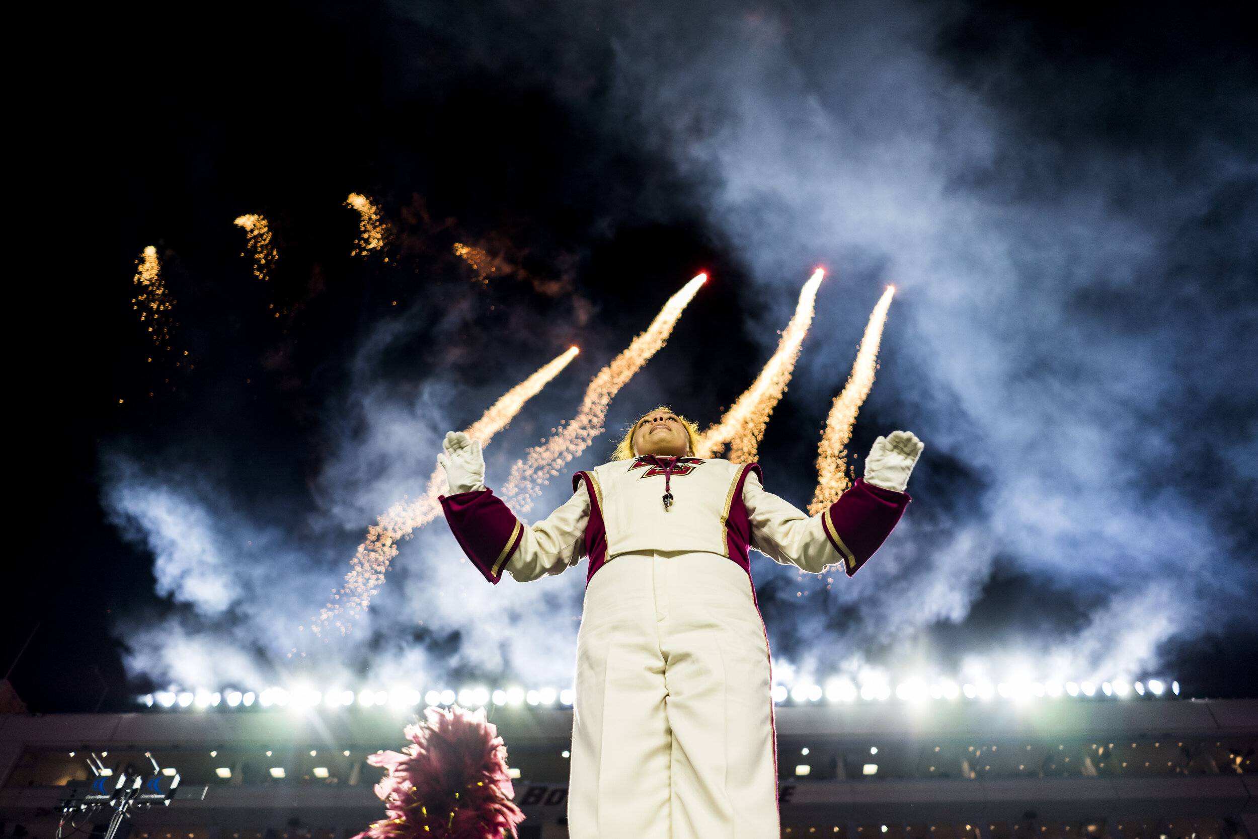 Sofia Lopez, of the Boston College Marching Band, conducts the Screaming Eagles during the halftime show of the matchup between Boston College and Clemson University.