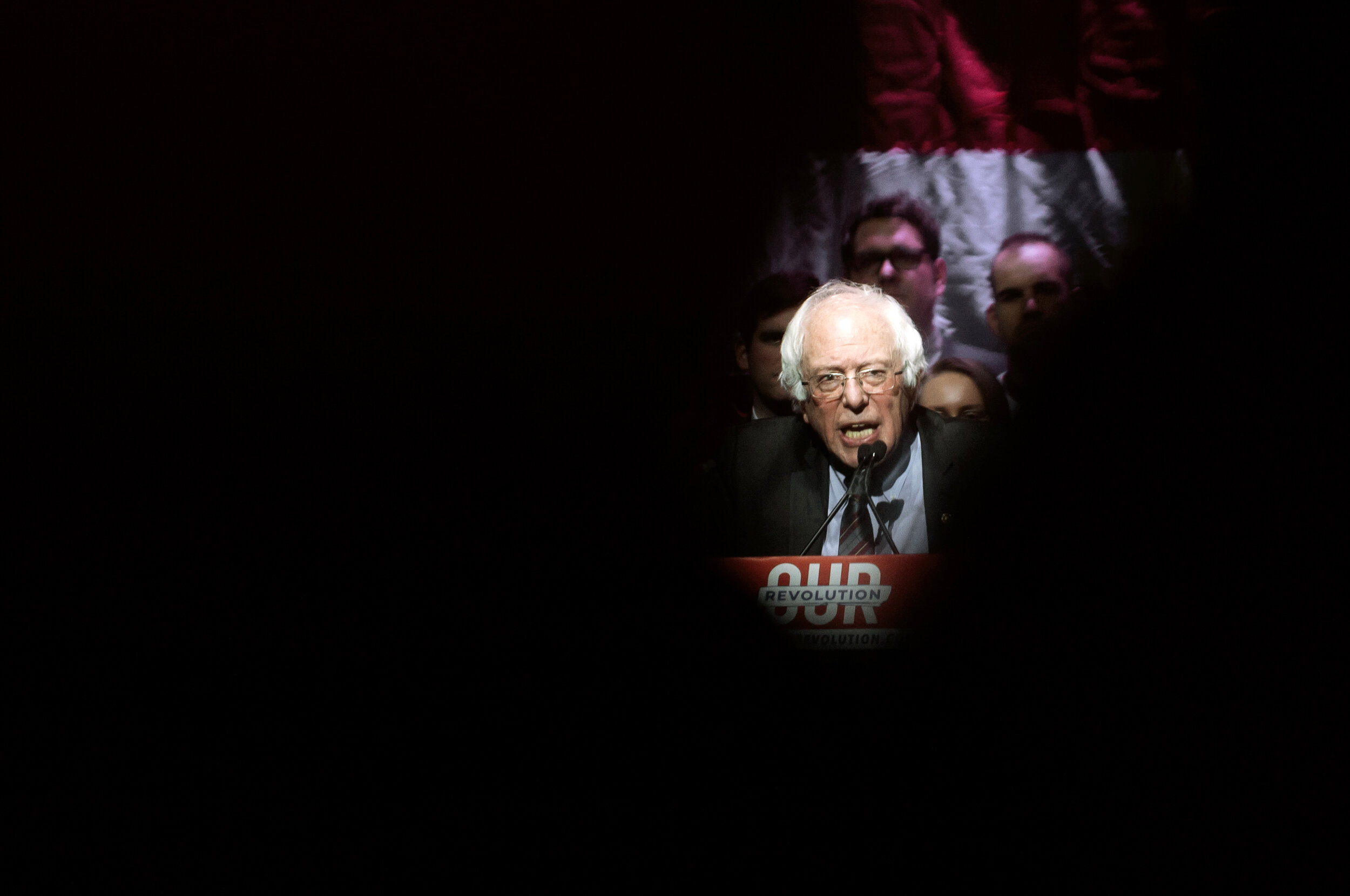  U.S. Sen. Bernie Sanders of Vermont speaks to the rowdy crowd at the Our Revolution Rally held at the Orpheum Theater in Boston, MA. 