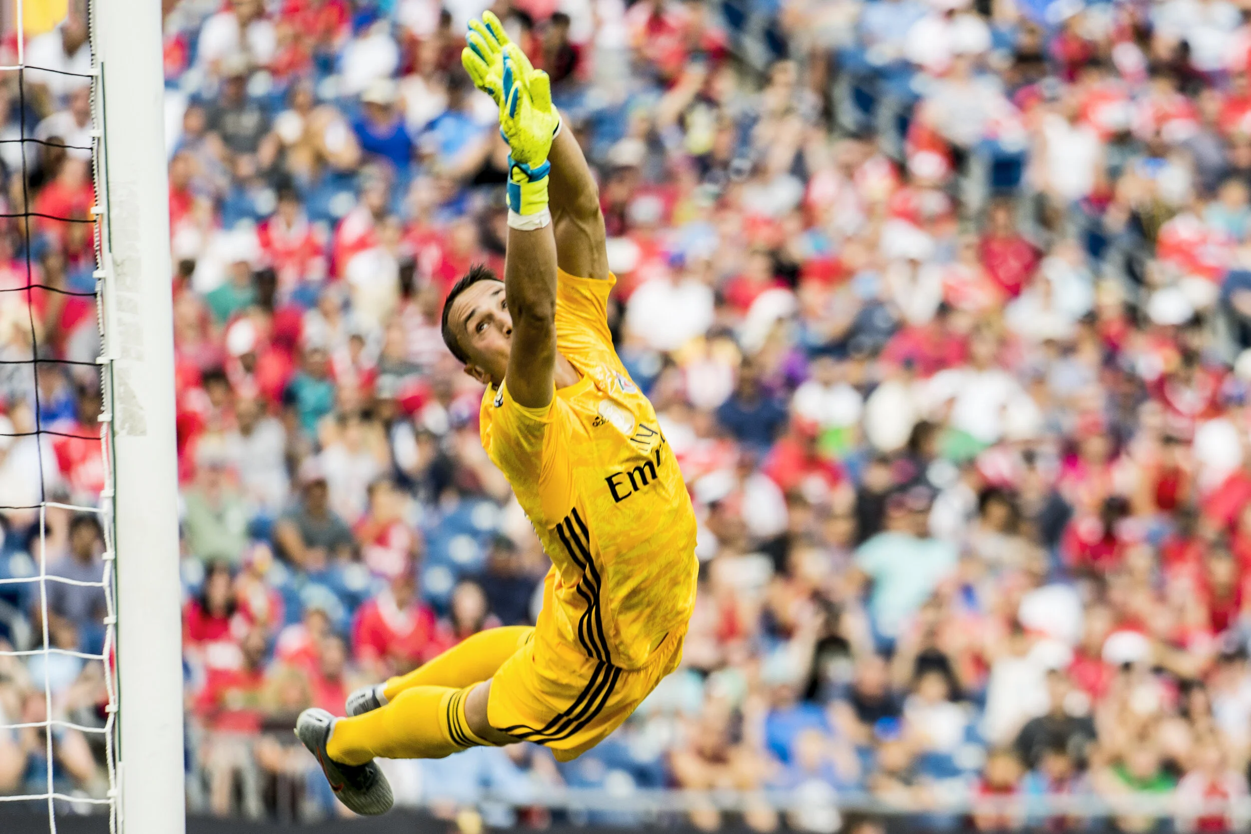  SL Benfica goalkeeper Odysseas (99) flies through the air to block a shot during during the International Champions Cup match at Gillette Stadium on July 28, 2019 in Foxborough, Massachusetts. 