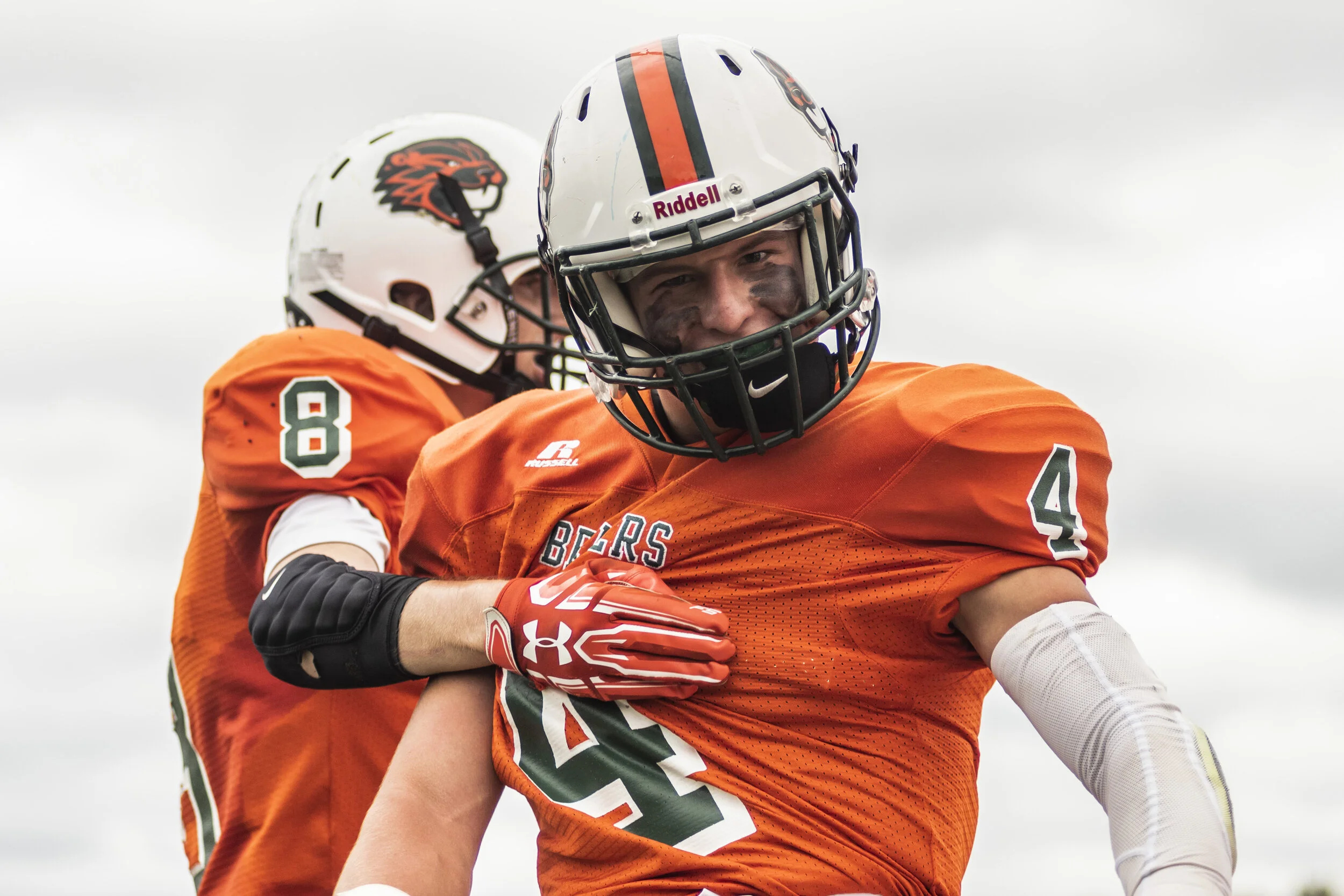  Noah Zerr, of Beaver River, celebrates after successfully catching a pass in the end zone to score against Sandy Creek in Beaver Falls.  