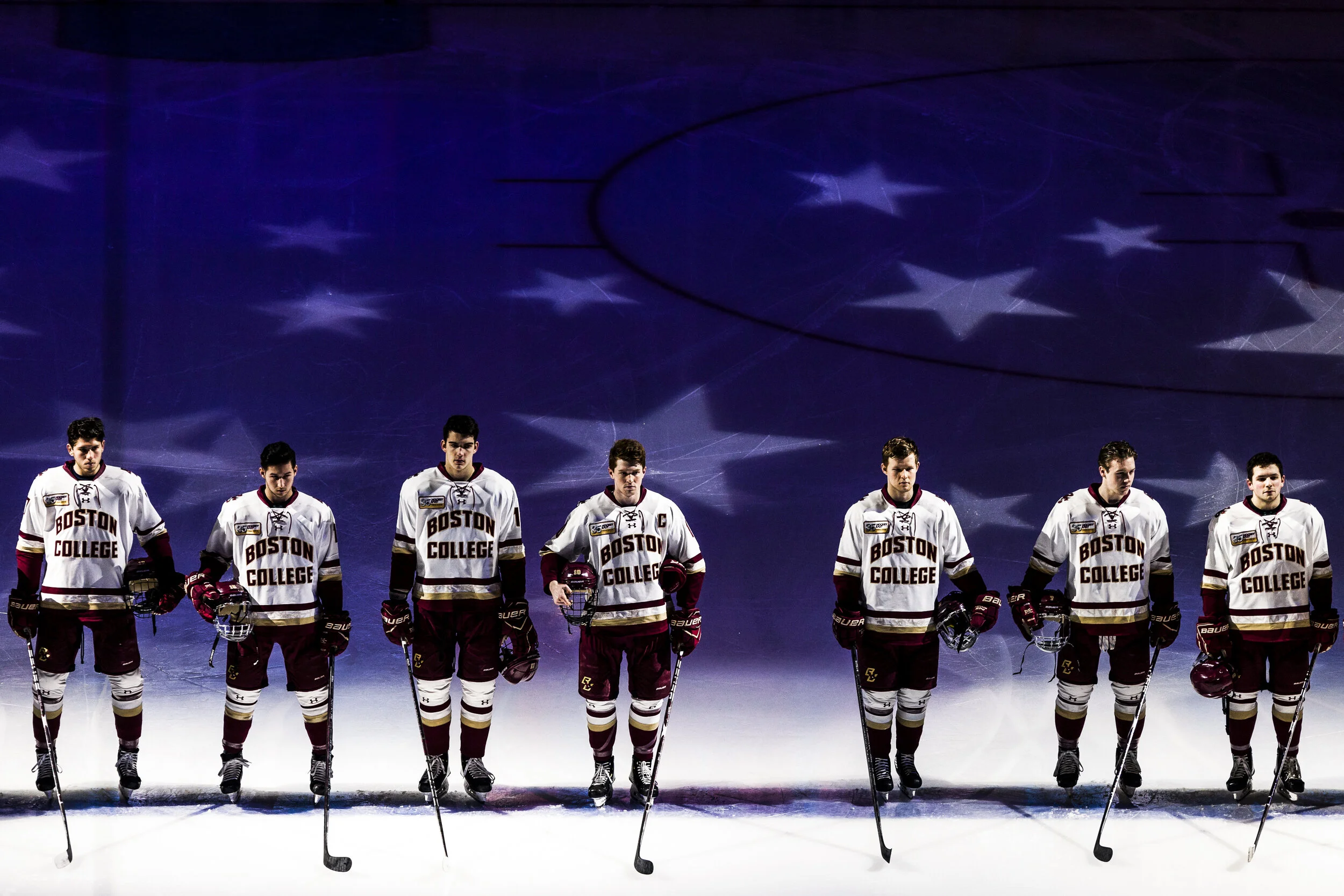  Boston College Men’s Hockey team is framed by stars during the pregame ceremony of the 2019 Beanpot Final against Northeastern at TD Garden in Boston, MA. 