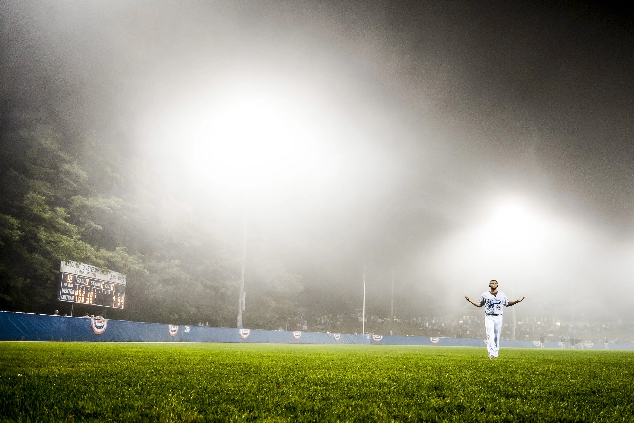  Chatham Anglers pitcher Alex Manoah stretches to stay warm in a fog delay during the Cape Cod Baseball League Final against the Wareham Gatemen at Veterans Field in Chatham, MA. 