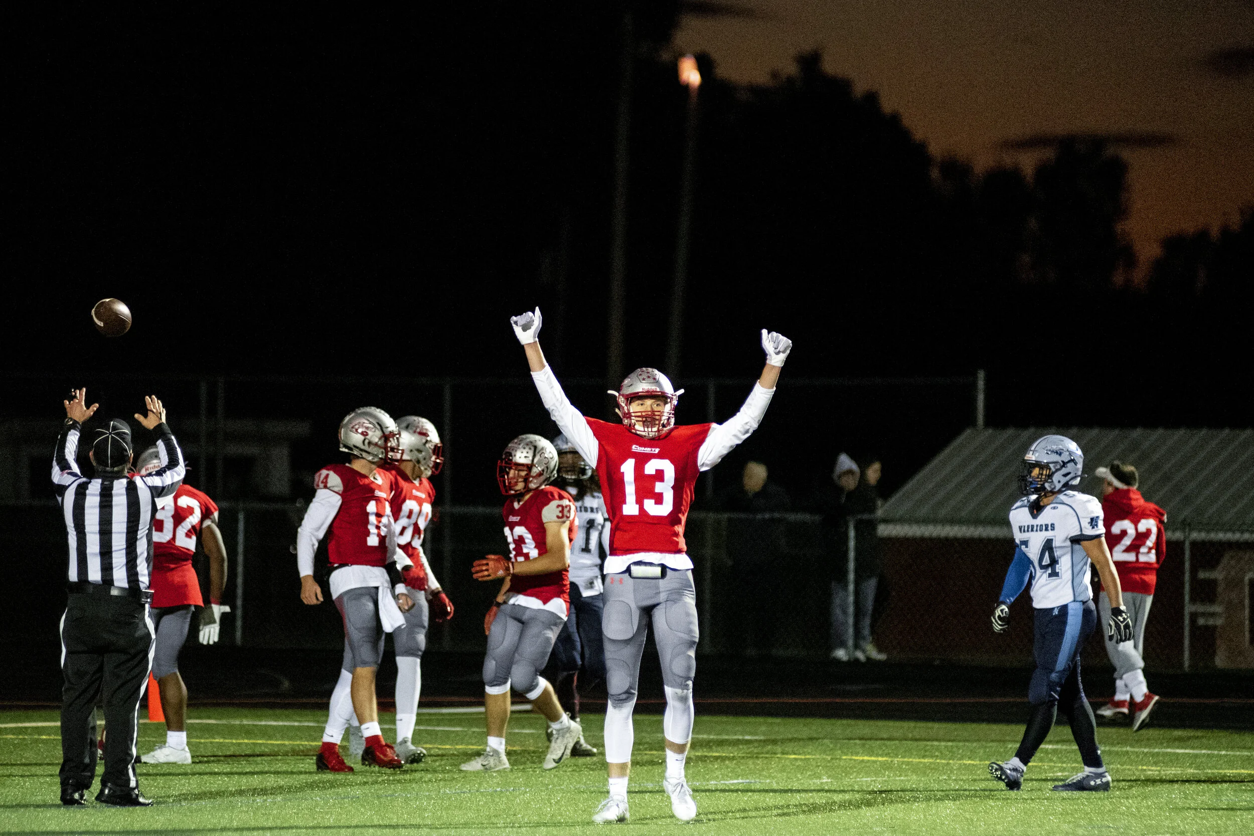  Carthage’s Thomas Albright celebrates after a Comets touchdown against North Country rivals Indian River. 