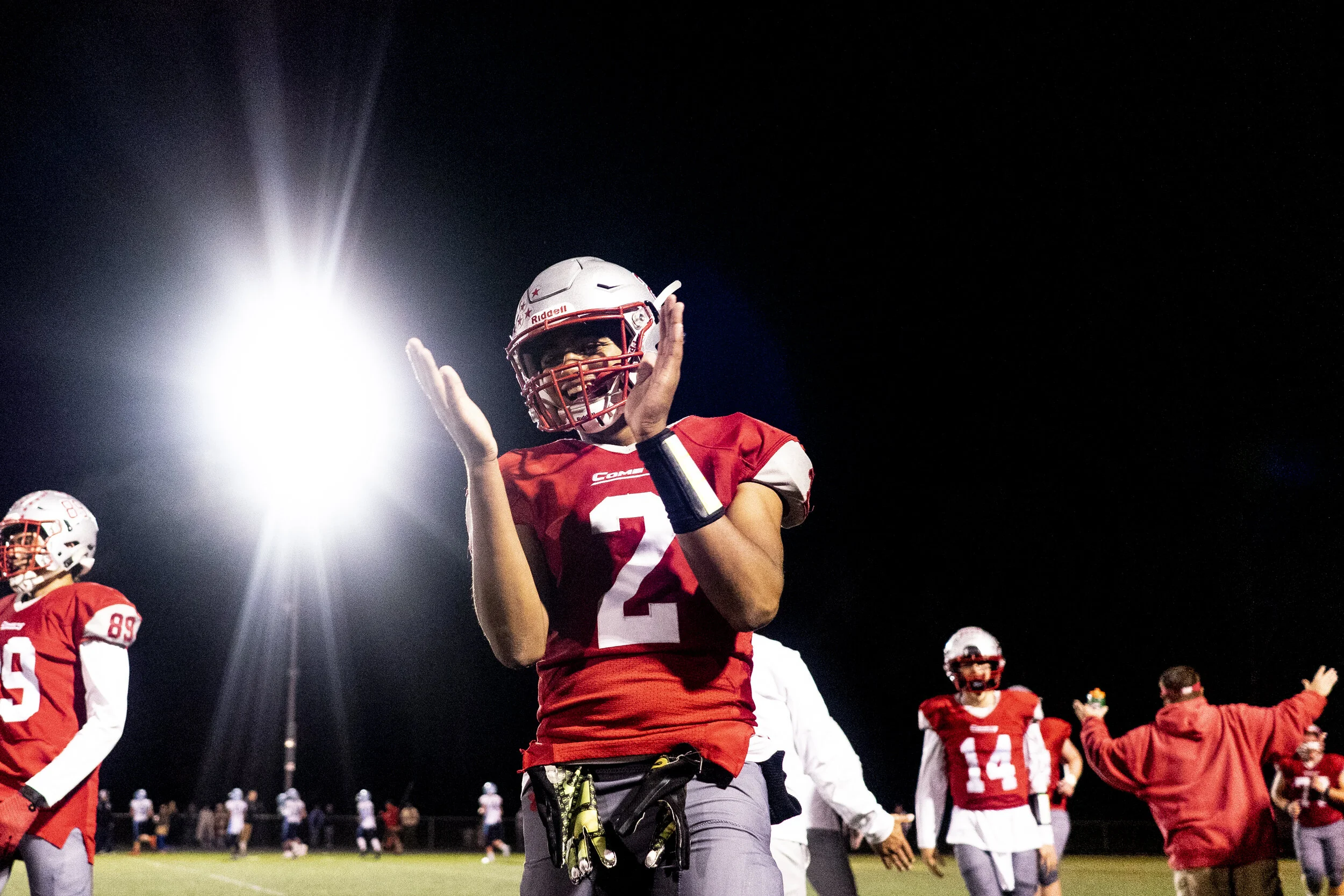 Carthage’s Elijah Whitfield class as he returns to the sideline after the 51-8 victory over North Country rival Indian River. 