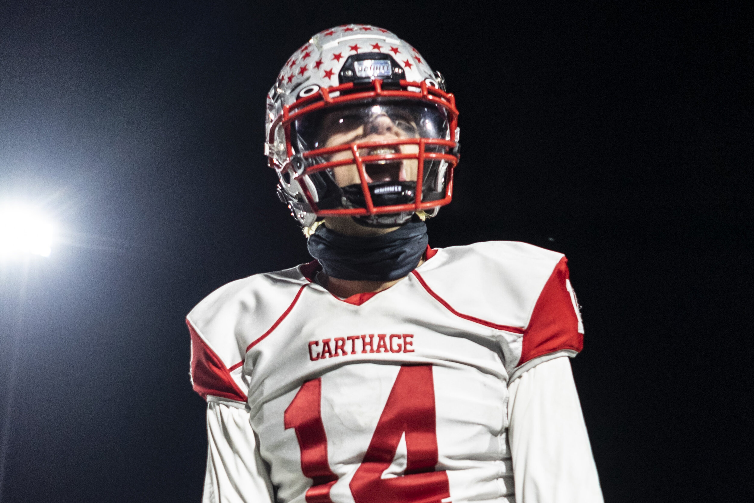  Carthage’s Nick Cavalier lets out a victorious cheer as the Comets increase their lead over Canandaigua Academy in the state semifinal game in Cicero. 