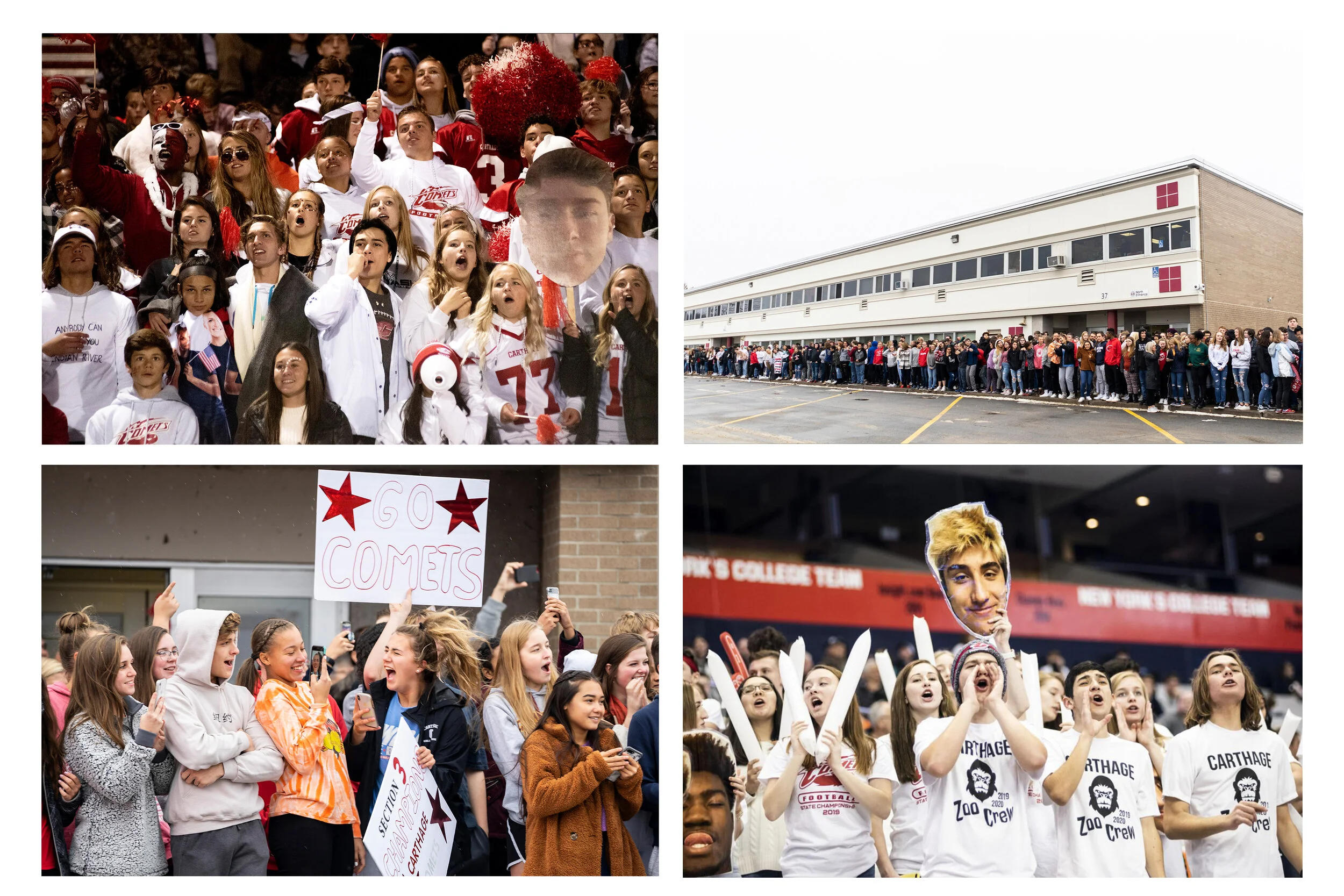  On the championship day, the entire student body of Carthage High School gathered to send the team off for their journey south to Syracuse with a high energy rally despite snow flurries. A large group of students, parents, and community supporters a