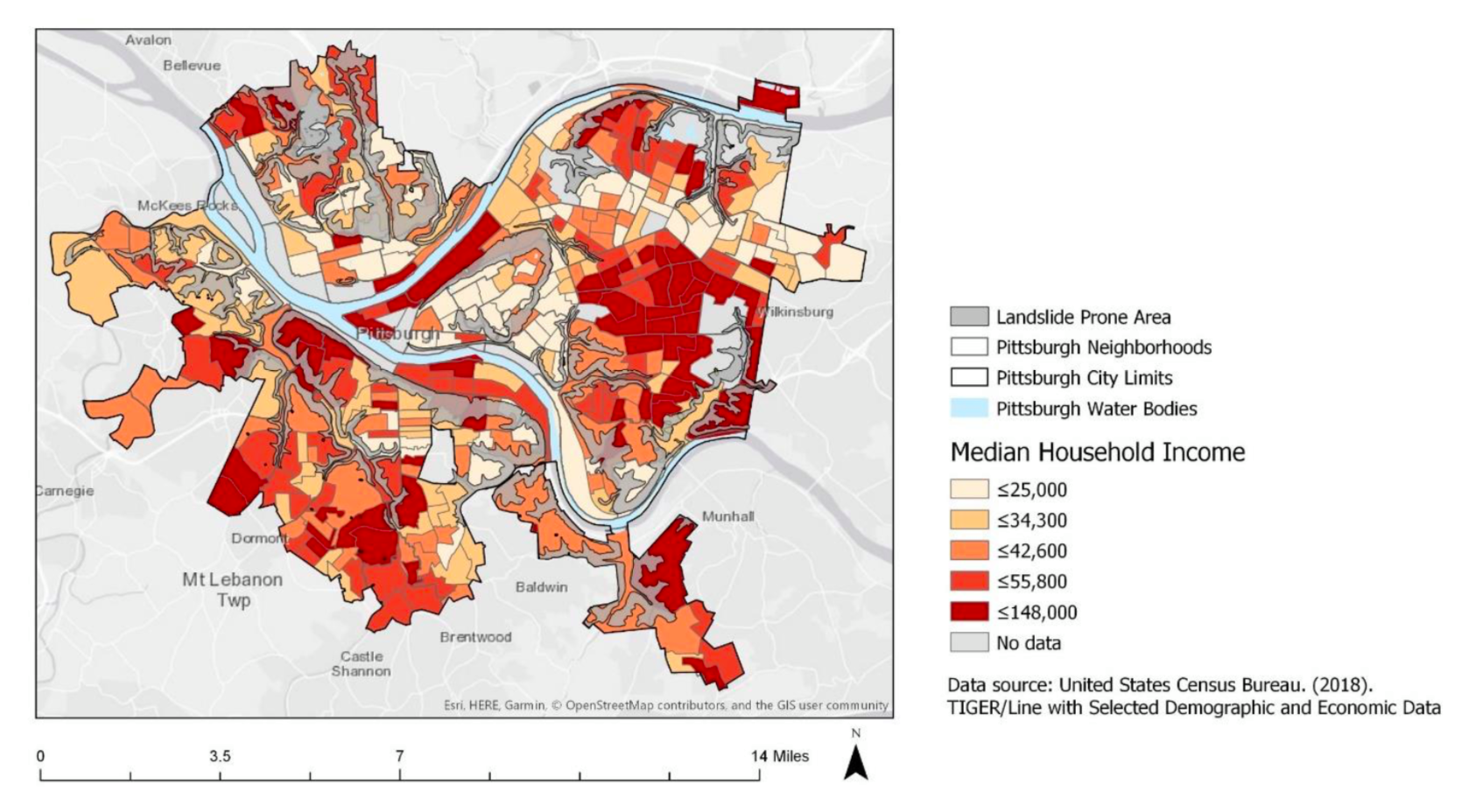 Figure 5: Median household income by Neighborhood in Pittsburgh and Landslide Prone Area Comparison by Caceres and Lopez with data from US Census Bureau and Western Pennsylvania Data Center