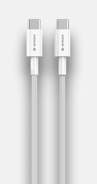 Two white USB-C charging cables with braided texture, brand name 'INTOUCH' on the connectors, on a neutral background.