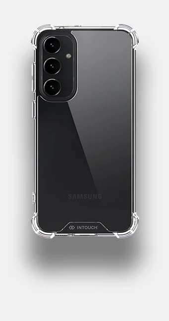 Black Samsung smartphone with triple rear cameras, encased in a clear protective case with a rugged edge.