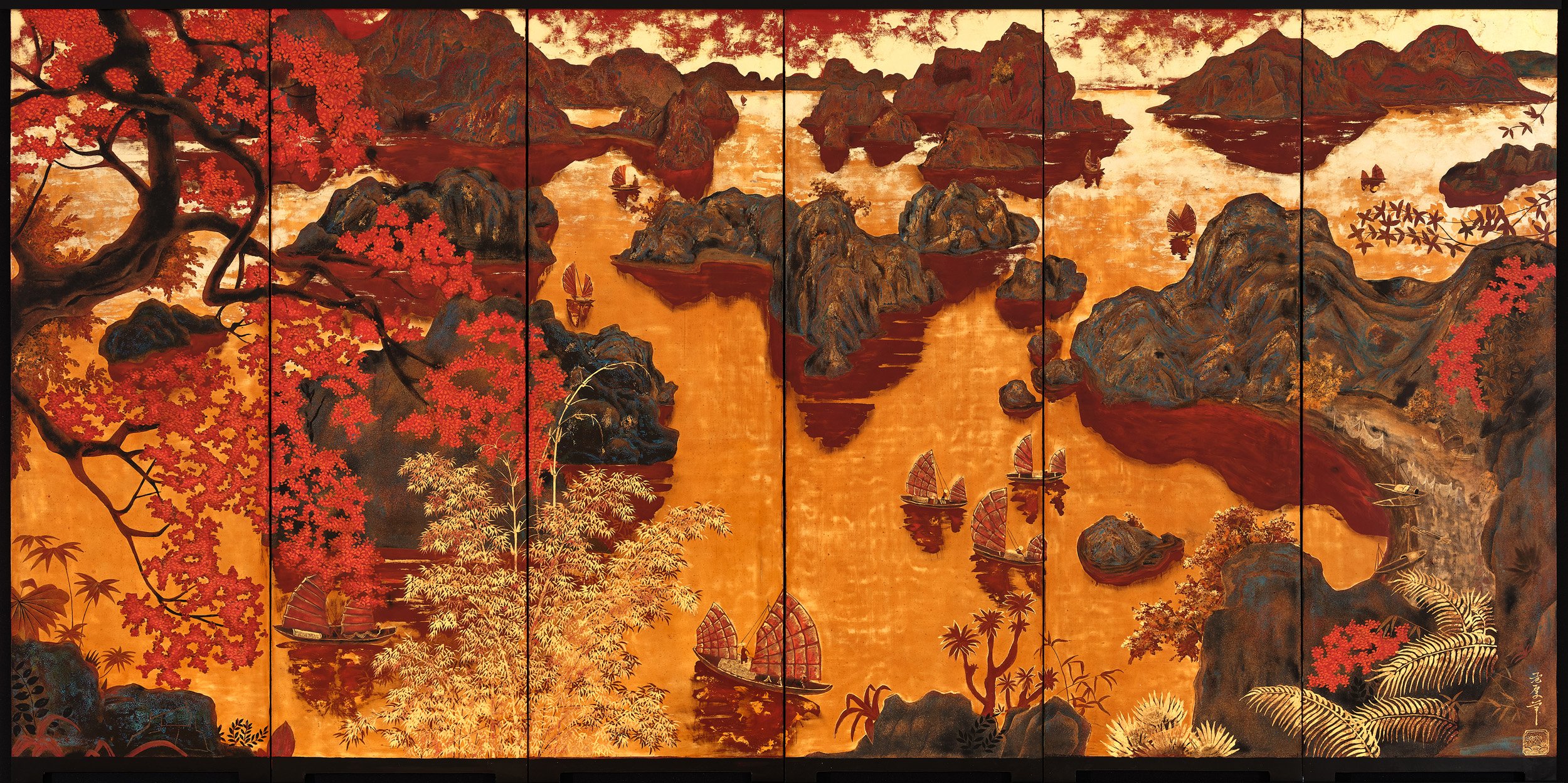    Golden Sunset over Halong Bay   oil, gold foil &amp; lacquer on wood   Pham Hau   client:   Bonhams     