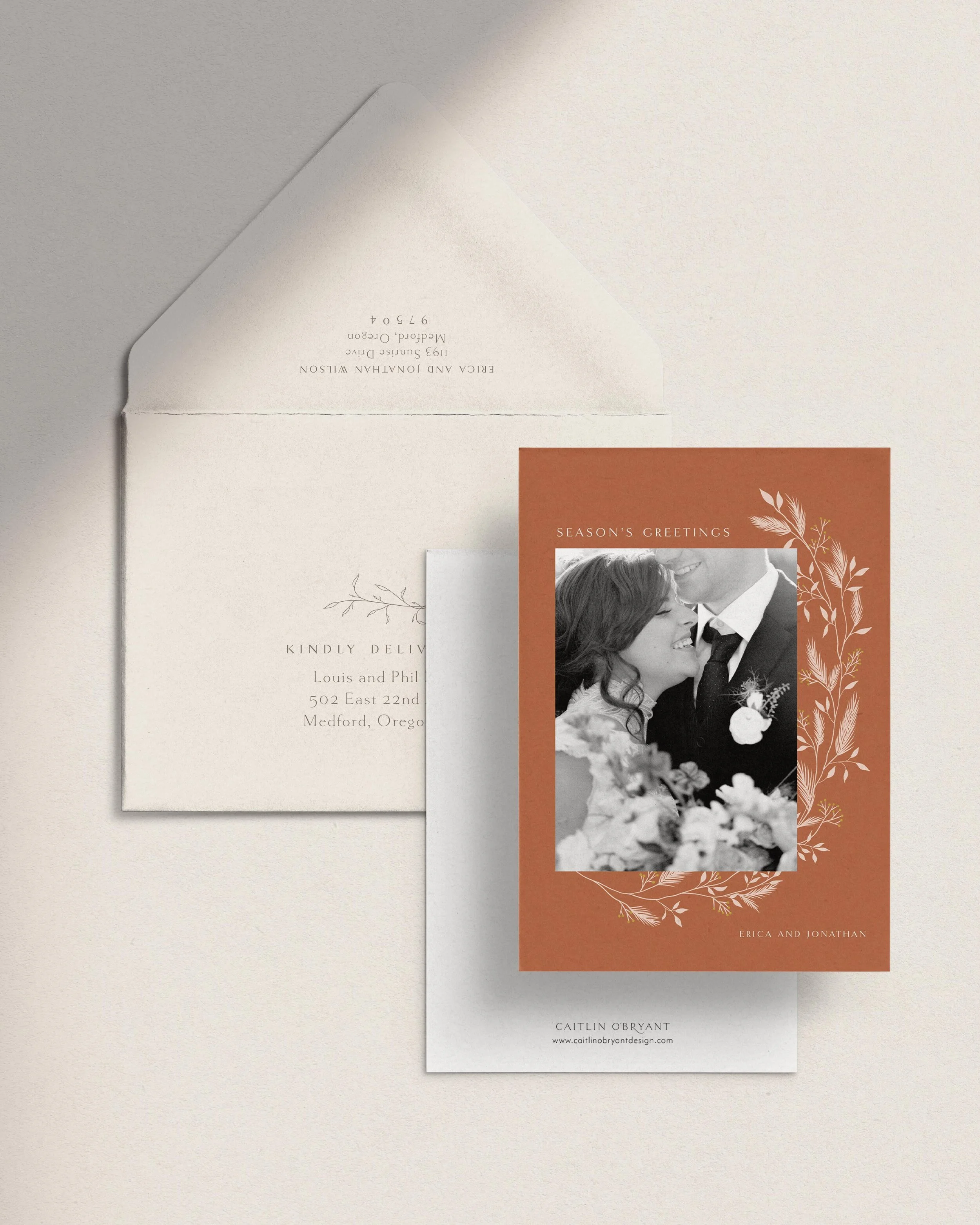 Terra Cotta Photo Christmas Cards. Terra Cotta Holiday Cards. Elegant holiday cards typography. Customizable holiday cards. Winter illustration holiday cards.