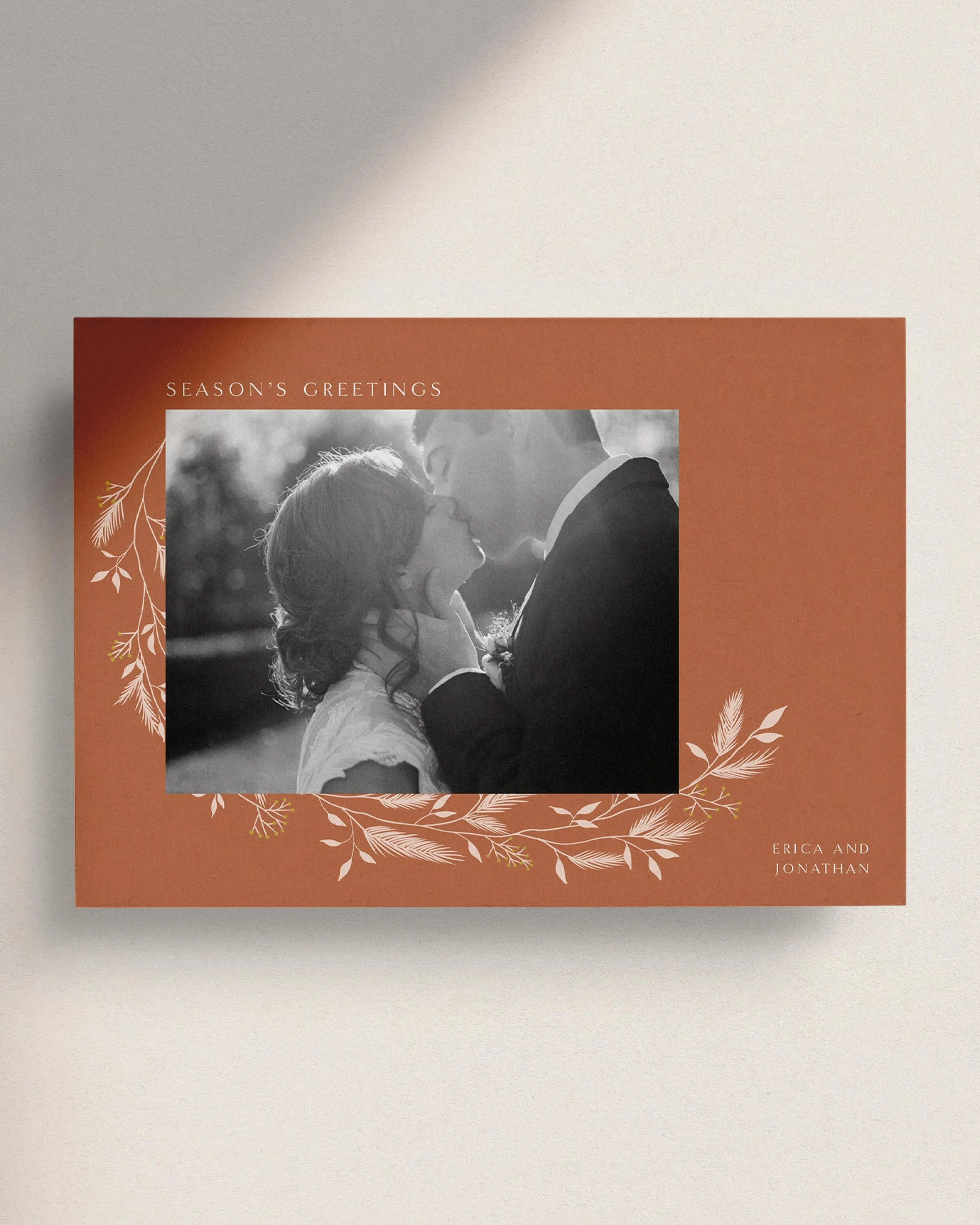 Terra Cotta Photo Christmas Cards. Terra Cotta Holiday Cards. Elegant holiday cards typography. Customizable holiday cards. Winter illustration holiday cards.