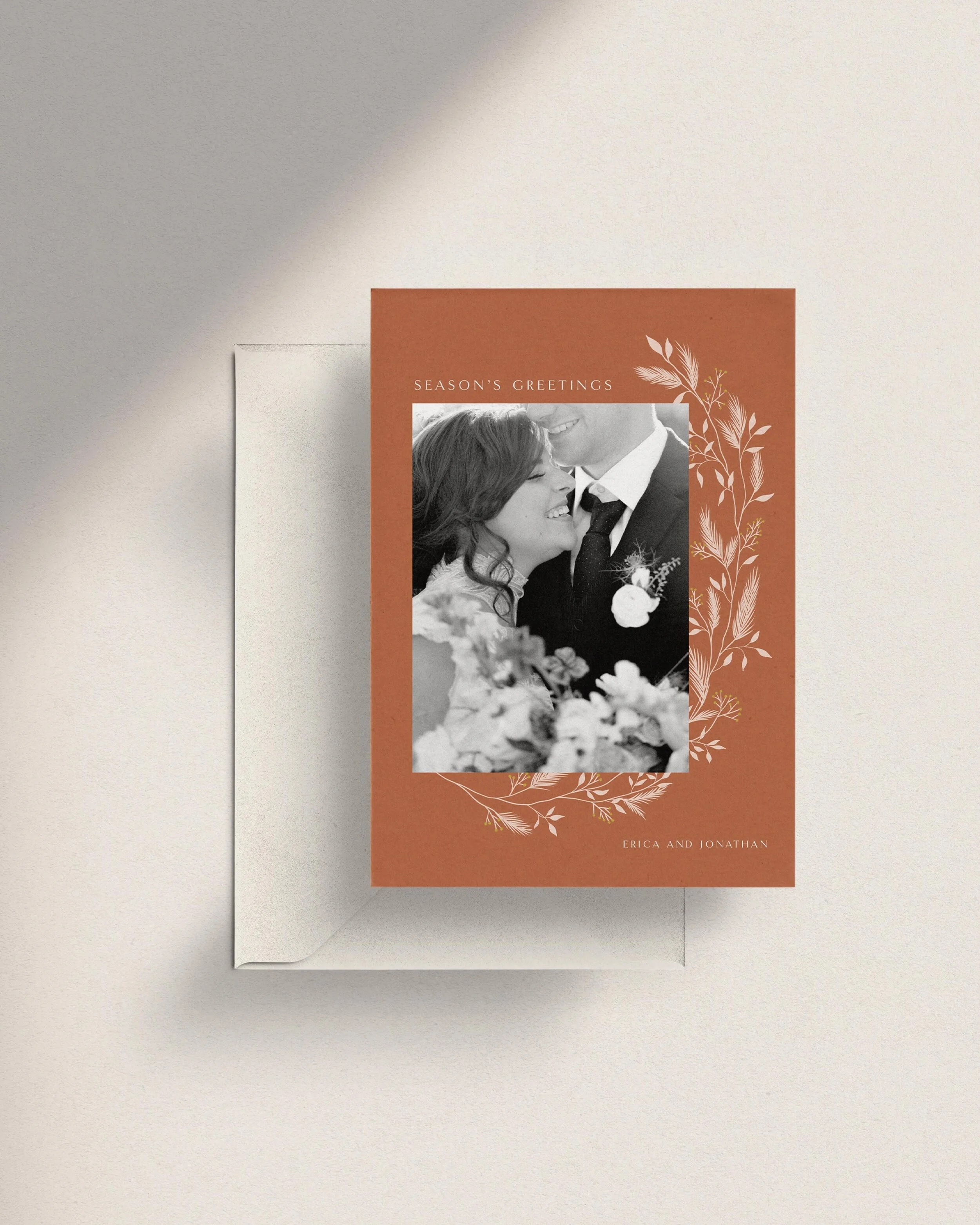 Terra Cotta Photo Christmas Cards. Terra Cotta Holiday Cards. Elegant holiday cards typography. Customizable holiday cards. Winter illustration holiday cards.