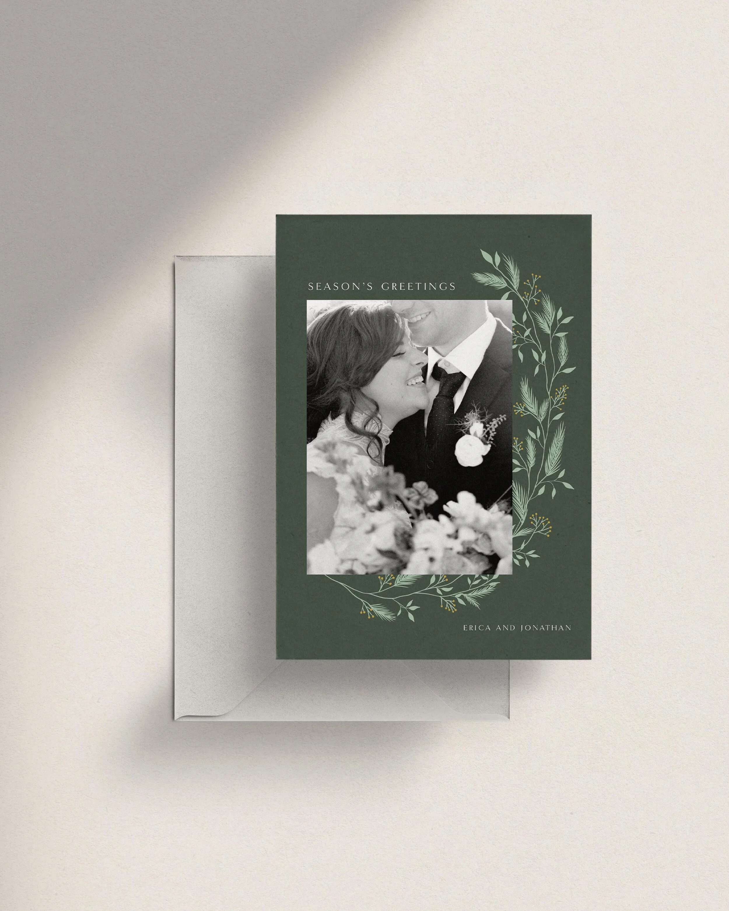 Evergreen Photo Christmas Cards. Green Holiday Cards. Elegant holiday cards typography. Customizable holiday cards. Winter illustration holiday cards.
