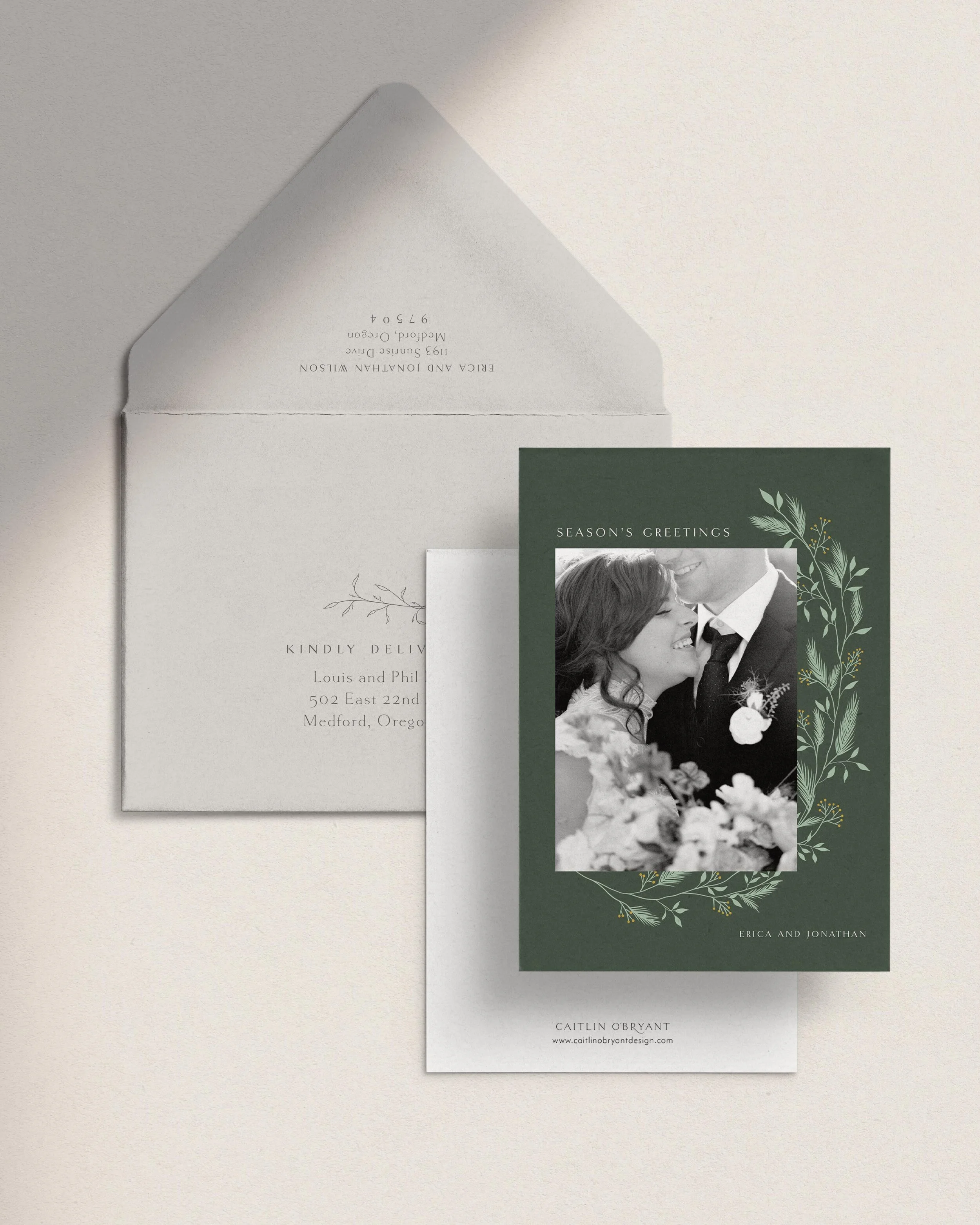 Evergreen Photo Christmas Cards. Green Holiday Cards. Elegant holiday cards typography. Customizable holiday cards. Winter illustration holiday cards.