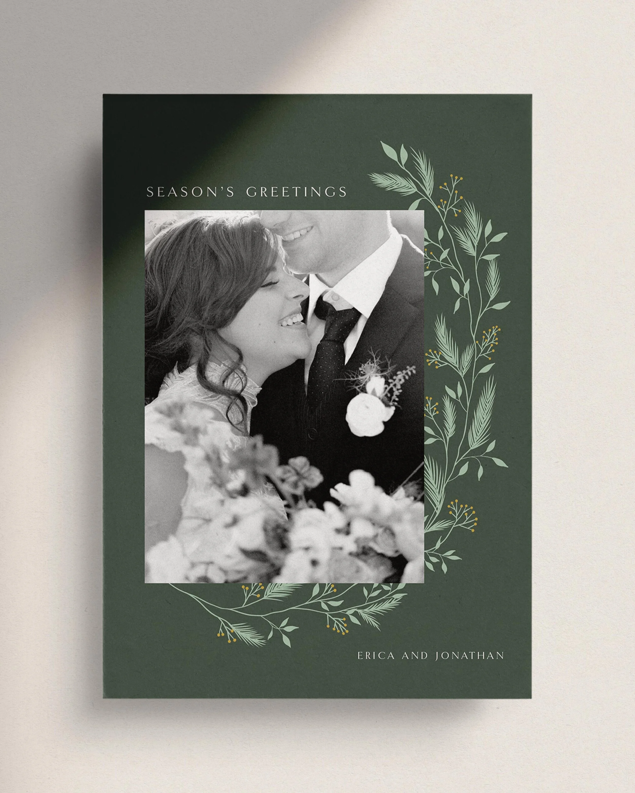 Evergreen Photo Christmas Cards. Green Holiday Cards. Elegant holiday cards typography. Customizable holiday cards. Winter illustration holiday cards.