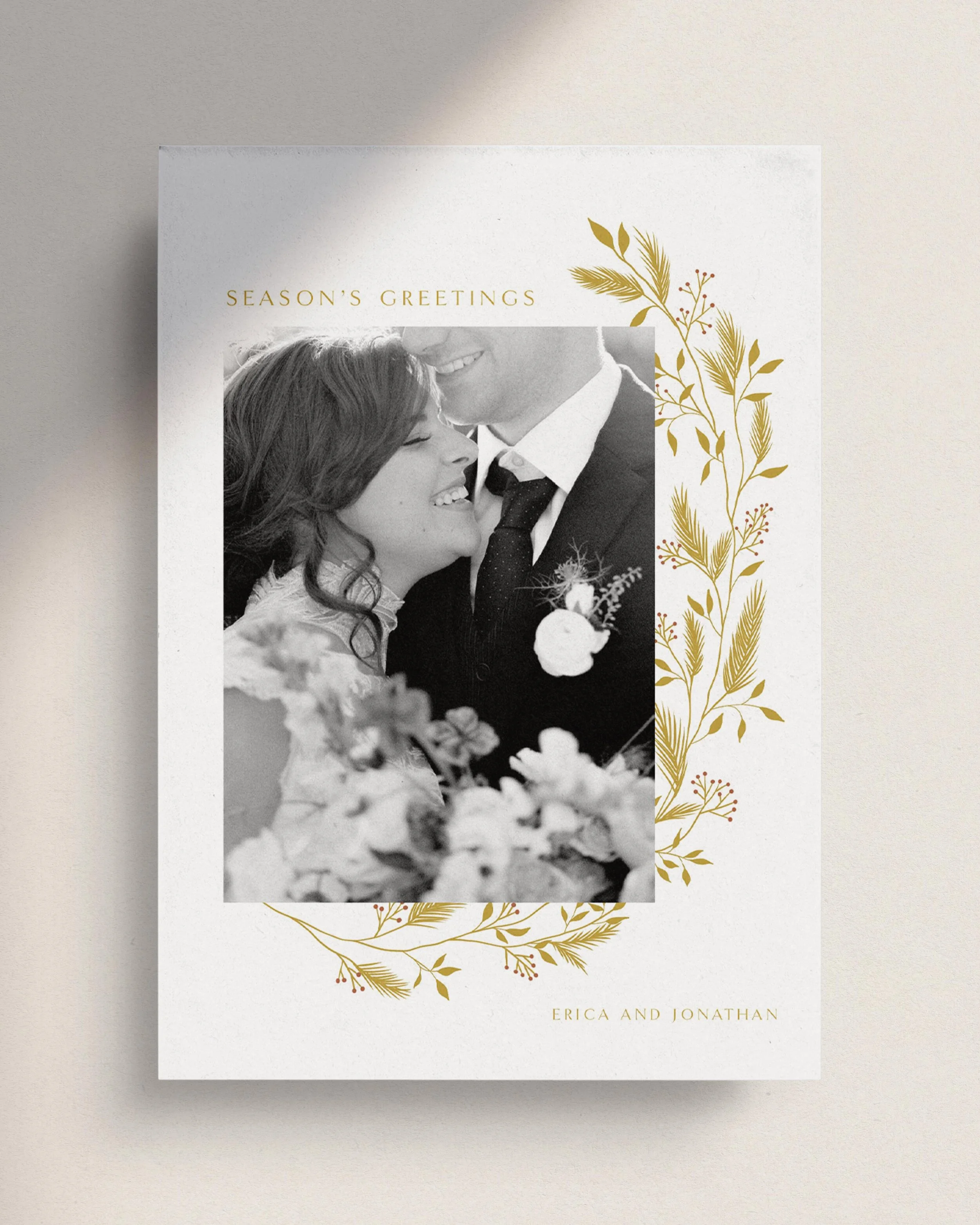 White and Gold Photo Christmas Cards. White and Gold Holiday Cards. Elegant holiday cards typography. Customizable holiday cards. Winter illustration holiday cards.