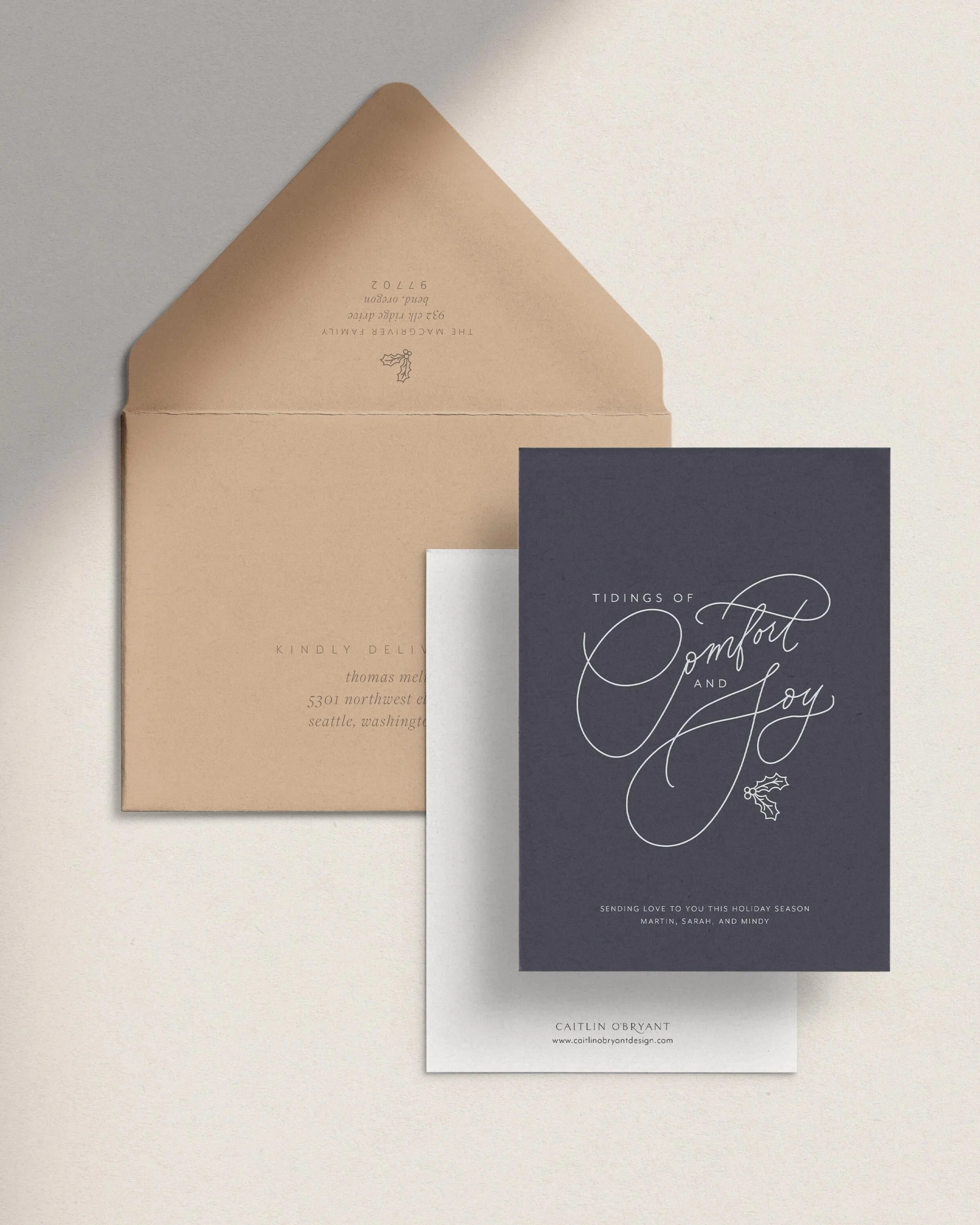 Navy and tan Non-Photo Christmas Cards. Navy Non-Photo Holiday Cards. Elegant holiday cards typography. Customizable holiday cards. Vintage calligraphy holiday cards modern.