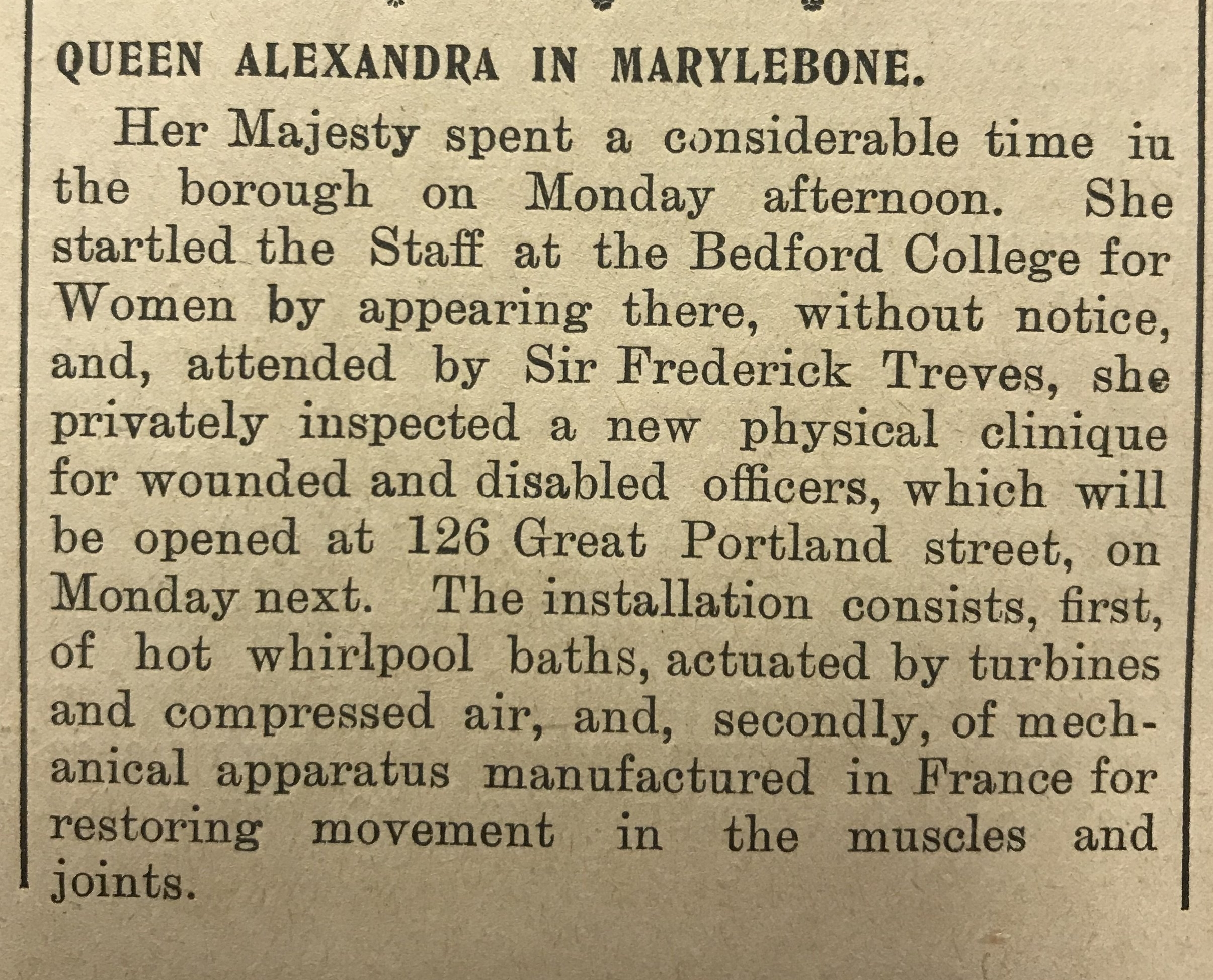 Queen Alexandra’s visit and enthusiastic account of the clinic’s facilities.