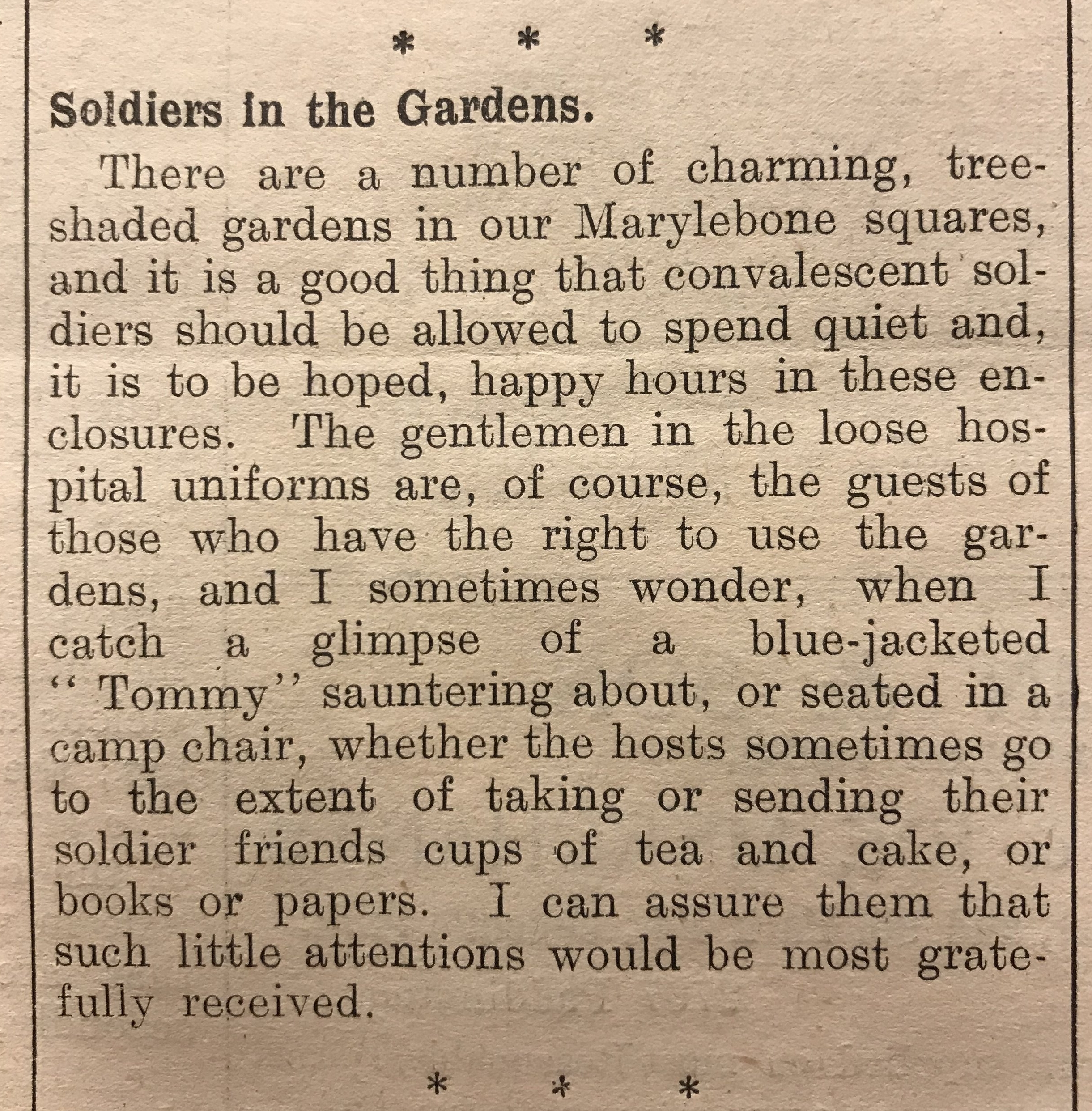 The open gardens were commented on in the Marylebone Record, August 1916.
