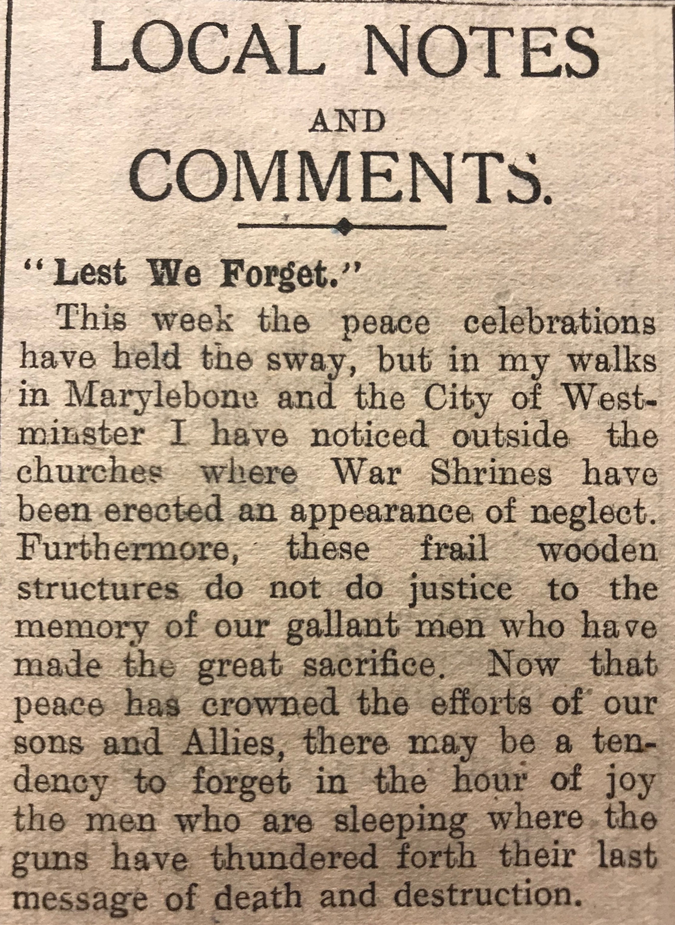 Article from the Marylebone Record regarding newly erected memorials.