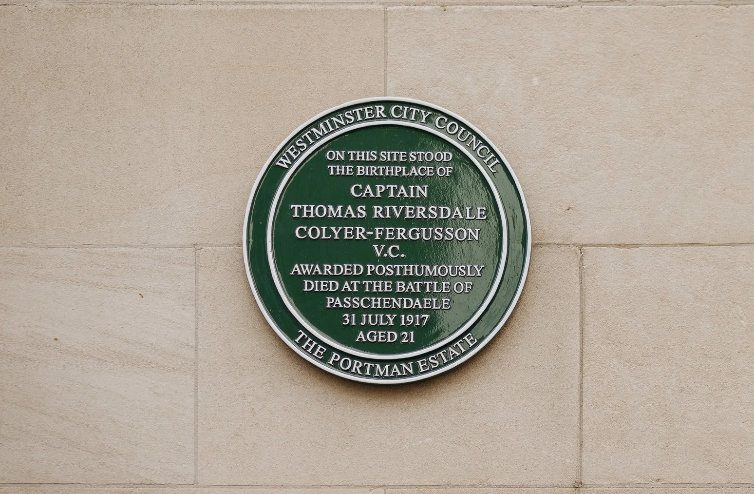 Green plaque to Captain Thomas Riversdale Colyer-Fergusson who was awarded the Victoria Cross after his death at Passchendaele in 1917.