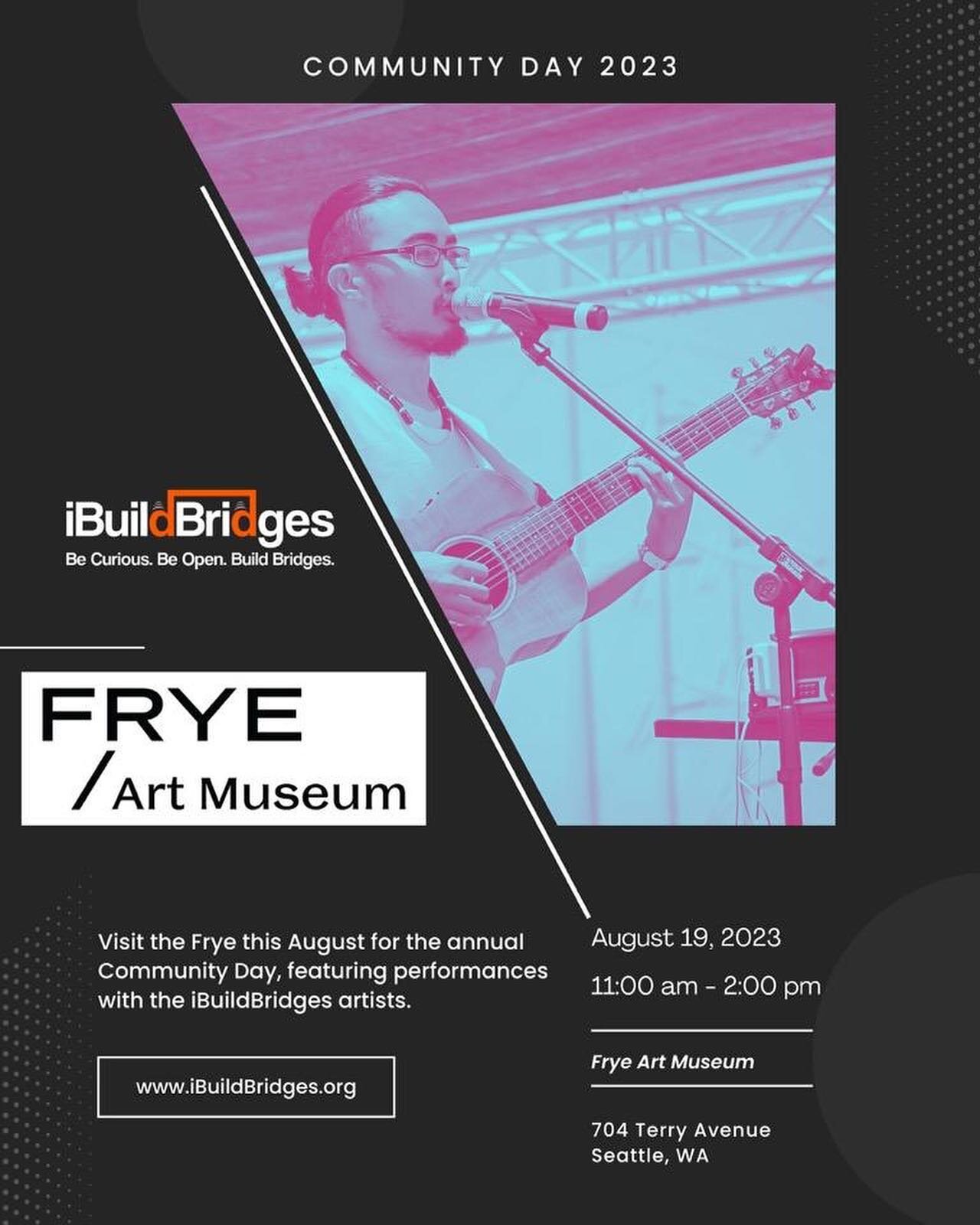 &quot;Join us for Community Day on Saturday, August 19th, at the @fryeartmuseum 

You won't want to miss iBuildBridges' three performances at 11:30 am-12 pm, 12:30-1 pm, and 1:15-1:45 pm. This exciting event is perfect for families and friends of all
