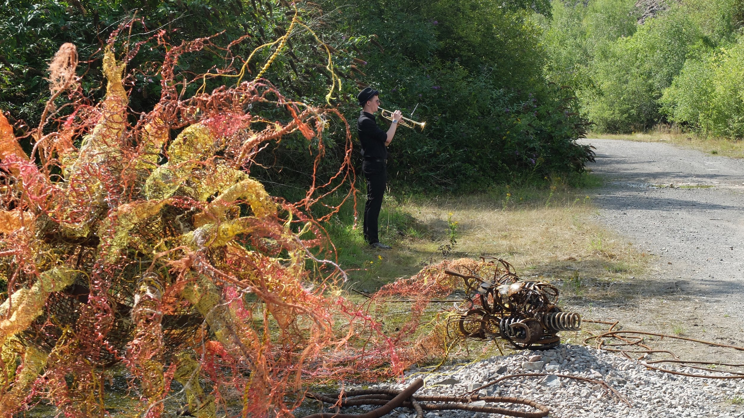 Cirri with Artmusic trumpeter Jack Vincent, performing Blast for step in stone. Westdown:Asham Quarry.jpg