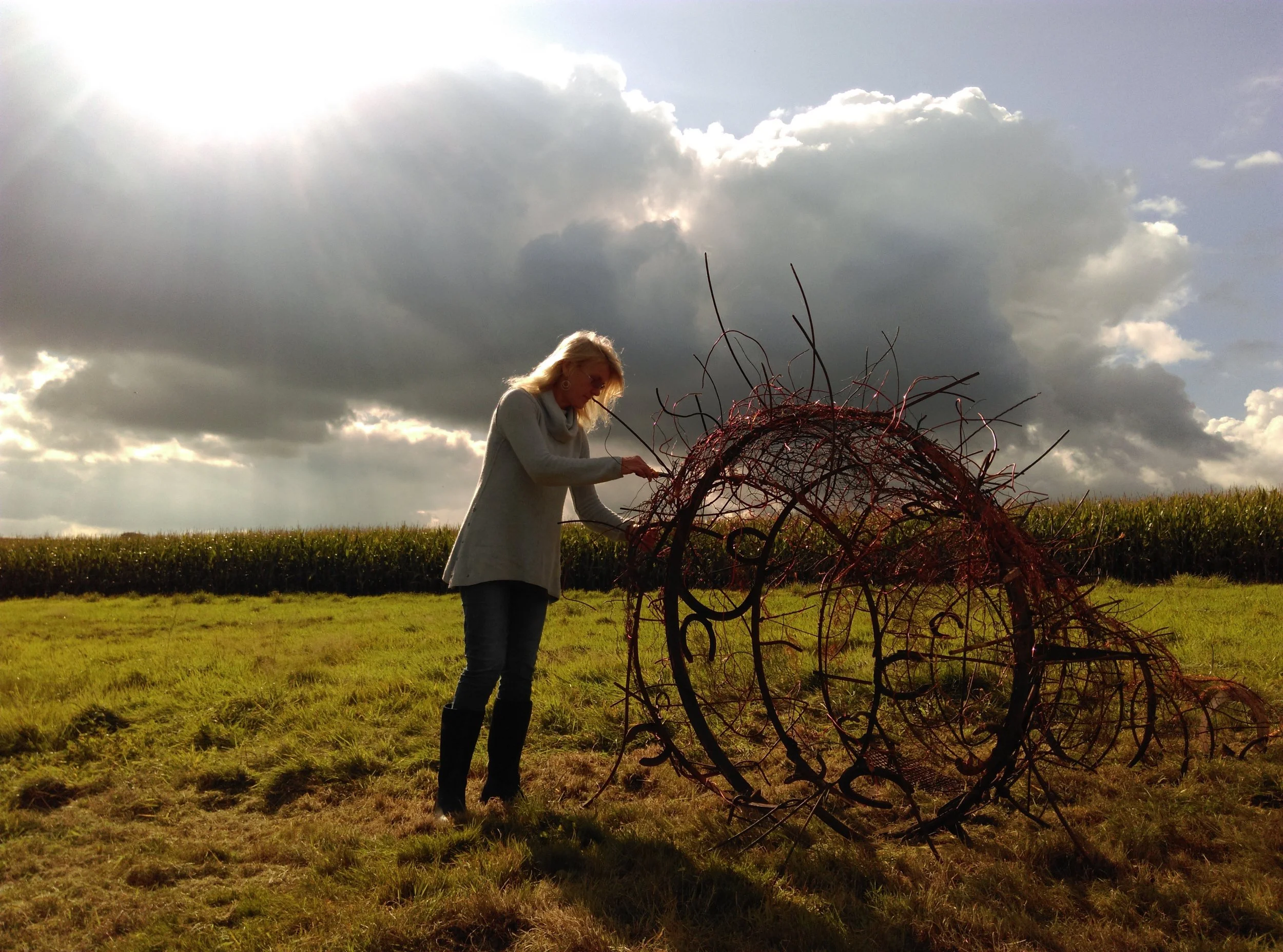 Fiona installing Cocoon, at Clayhill Arts, Somerset,2017.jpg