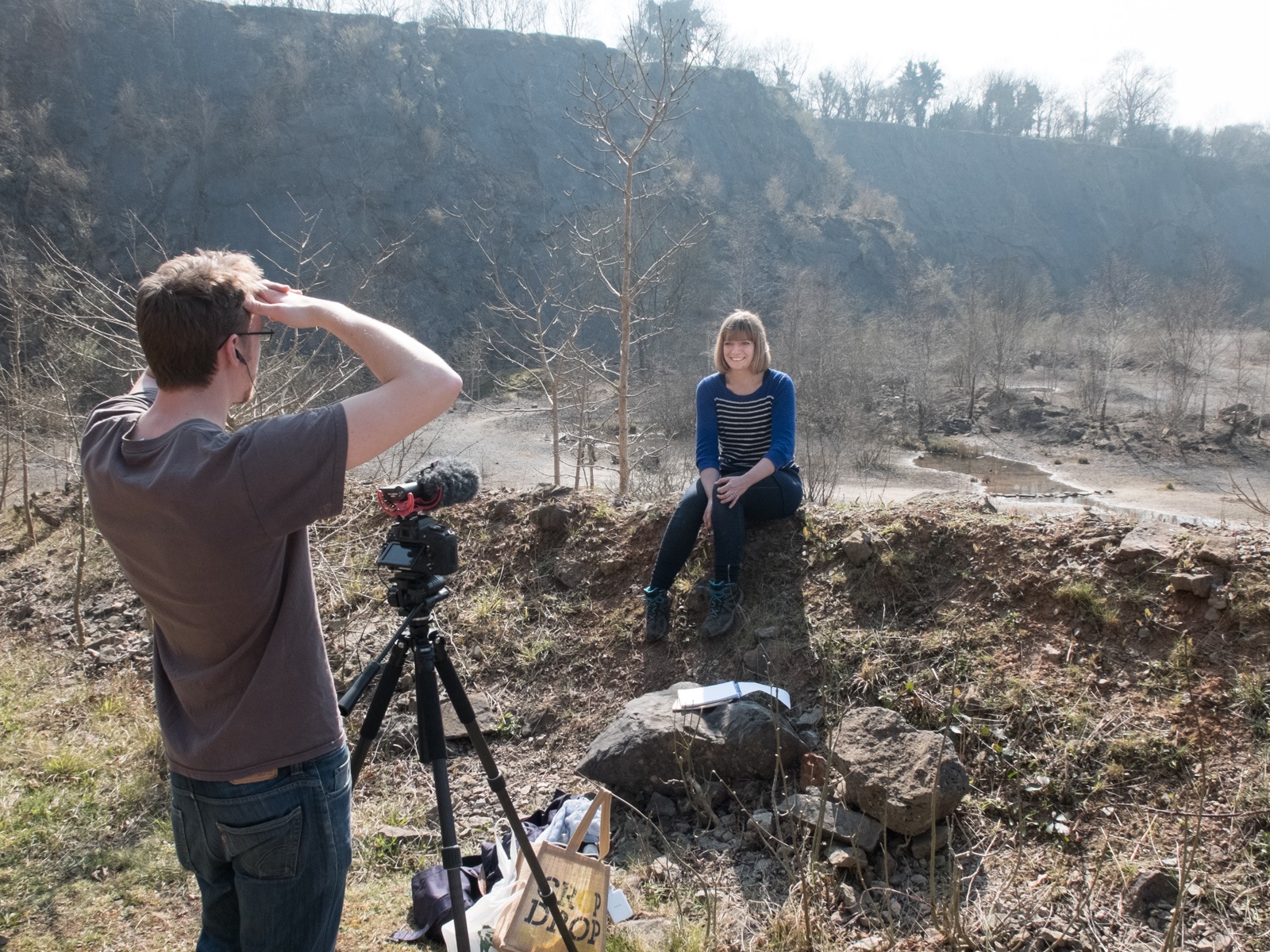 Tessa Farmer being filmed by Jack Offord, Fairy Cave Quarry. Photo by Duncan Simey