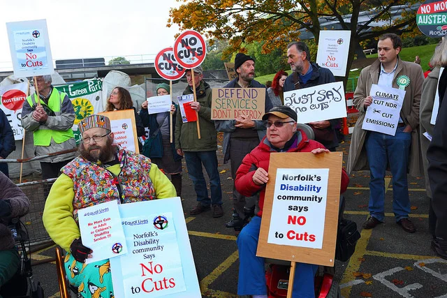 Disabled people protesting outside Norfolk County Hall