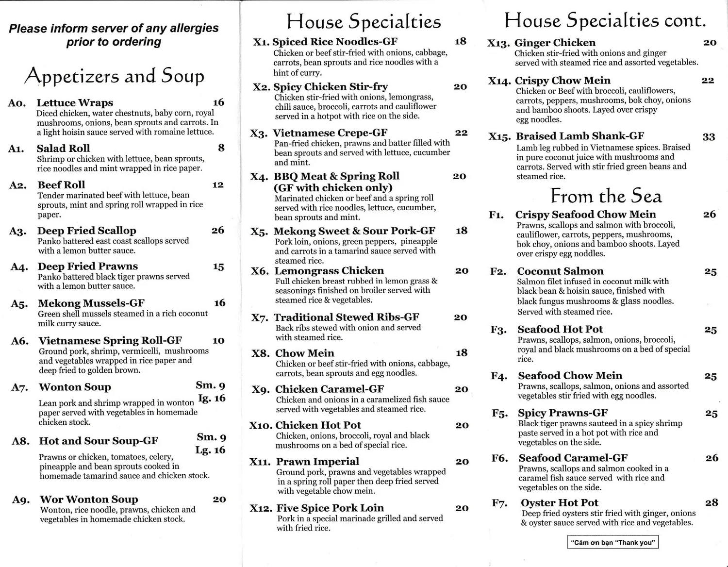 Mekong River Menu — Mekong River Restaurant Parksville