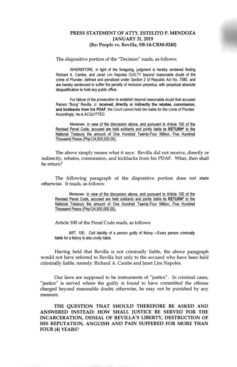 Press Statement of Atty. Estelito P. Mendoza