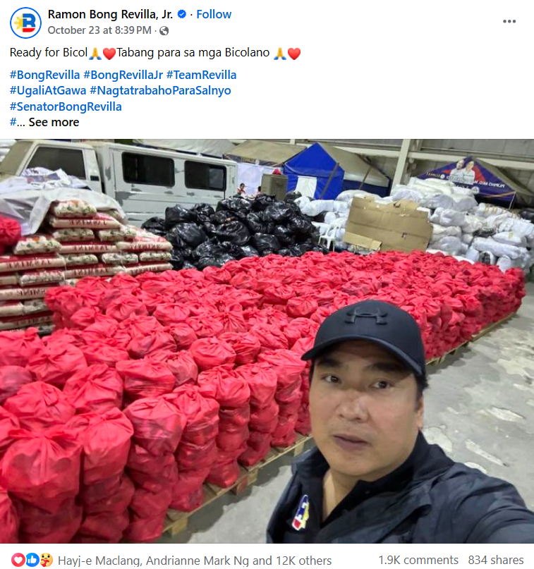 NAGPAABOT NA SI SENADOR RAMON BONG REVILLA NG TULONG PARA SA MGA KABABAYANG HINAGUPIT NG BAGYONG KRISTINE SA BICOL REGION