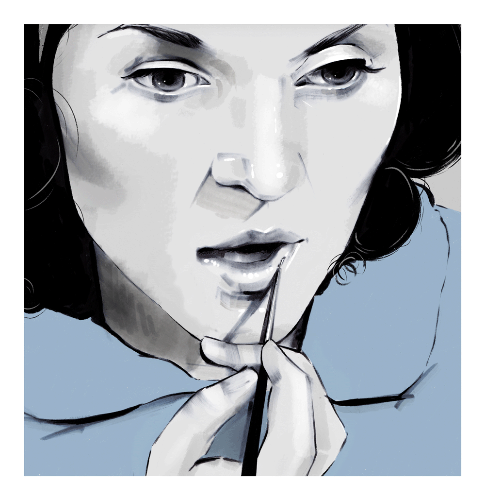 Vintage woman applying lipstick inspired by videos on Glamour Daze blog.