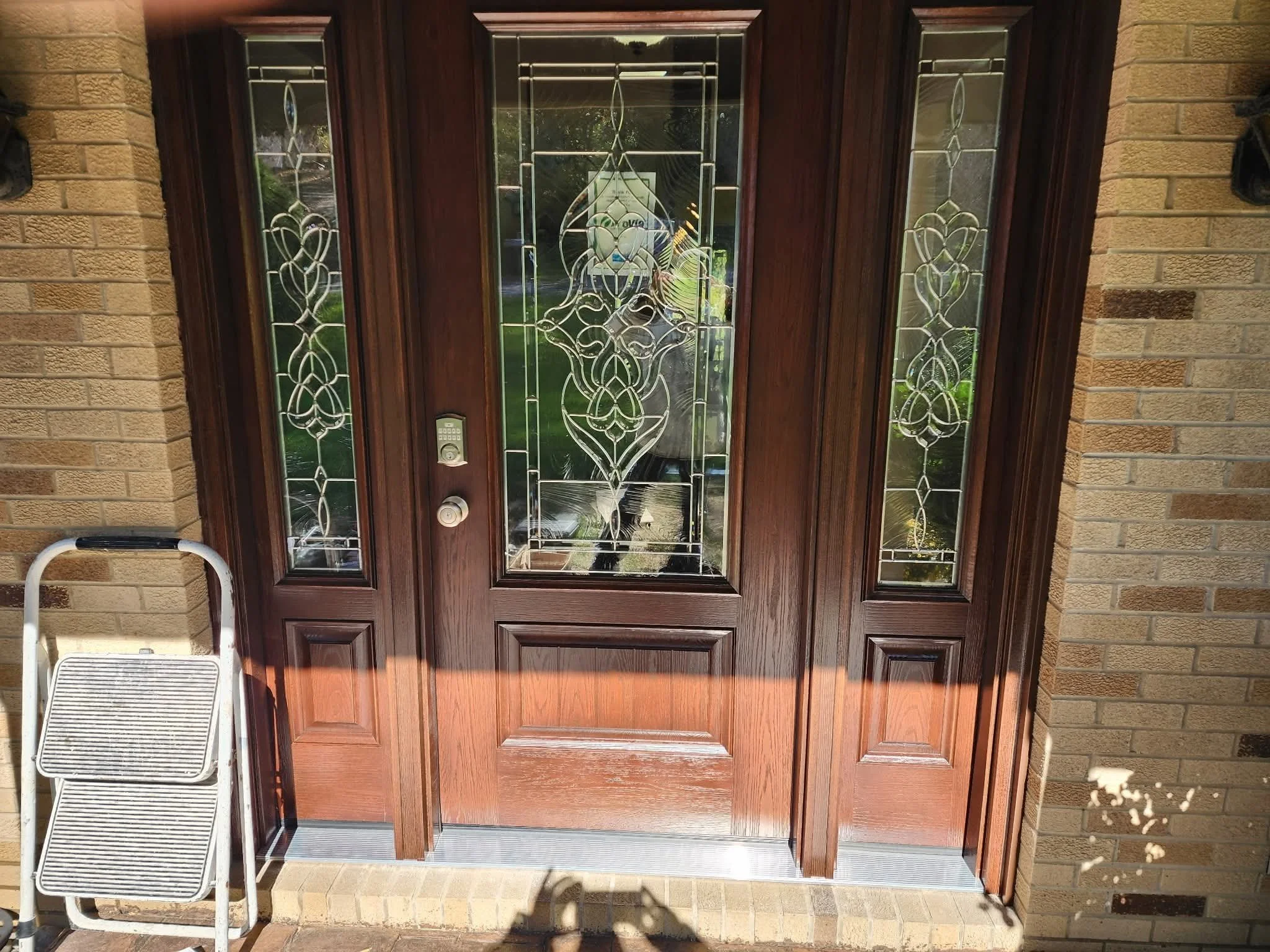 ProVia Signet Entry door with sidelites Symphony Glass Truffle Stain