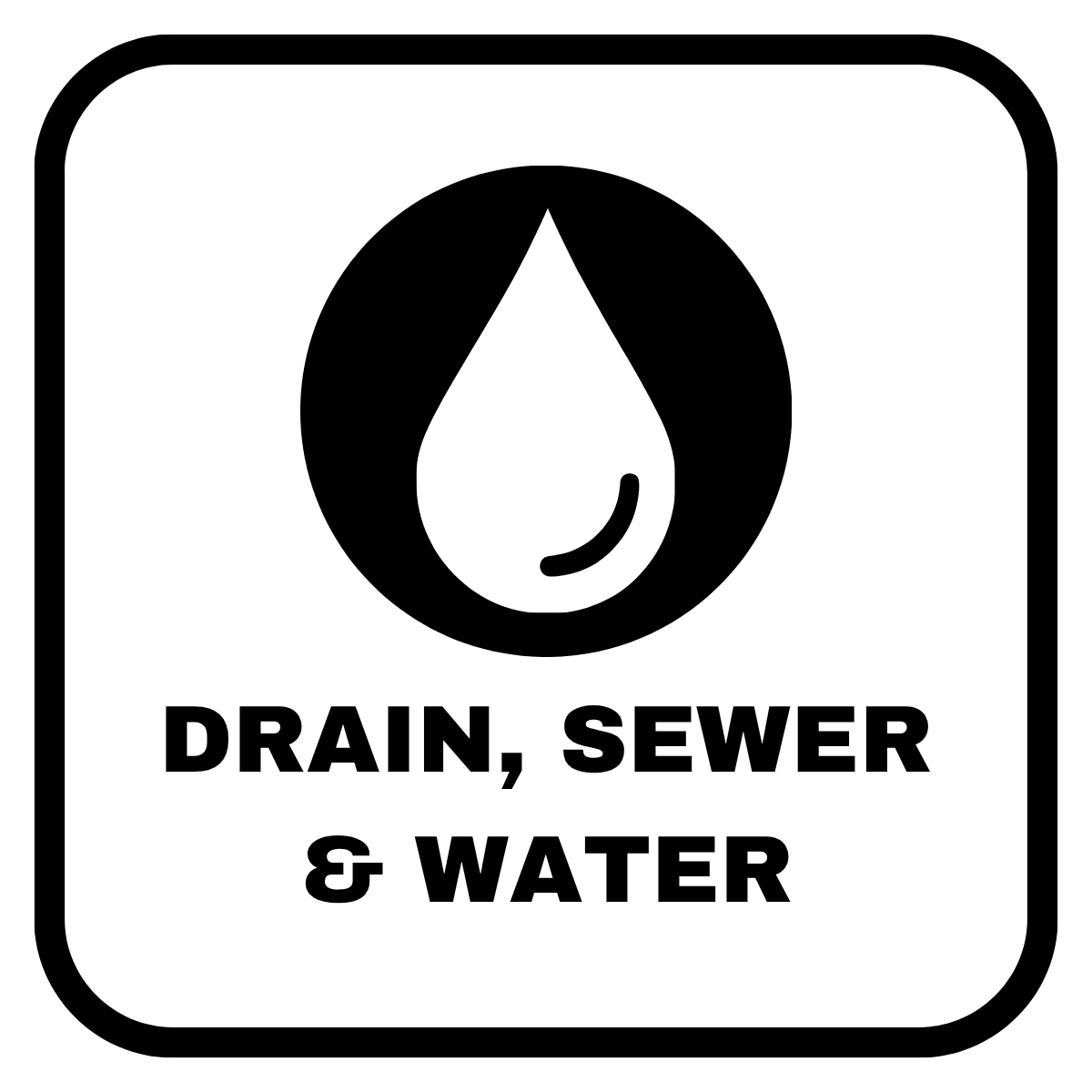 A black and white sign indicating drain, sewer, and water.