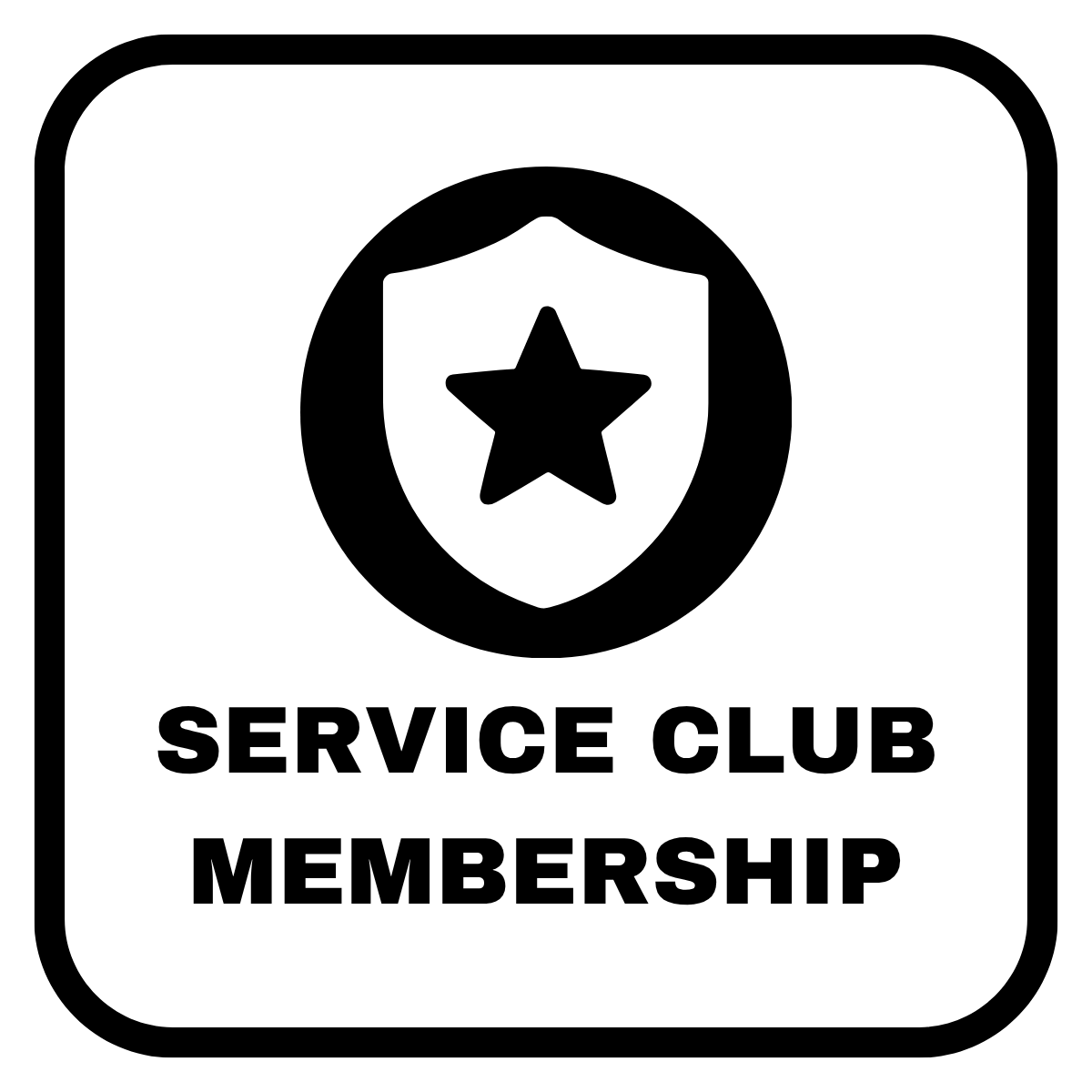 Black and white service club membership badge with a shield and star emblem.