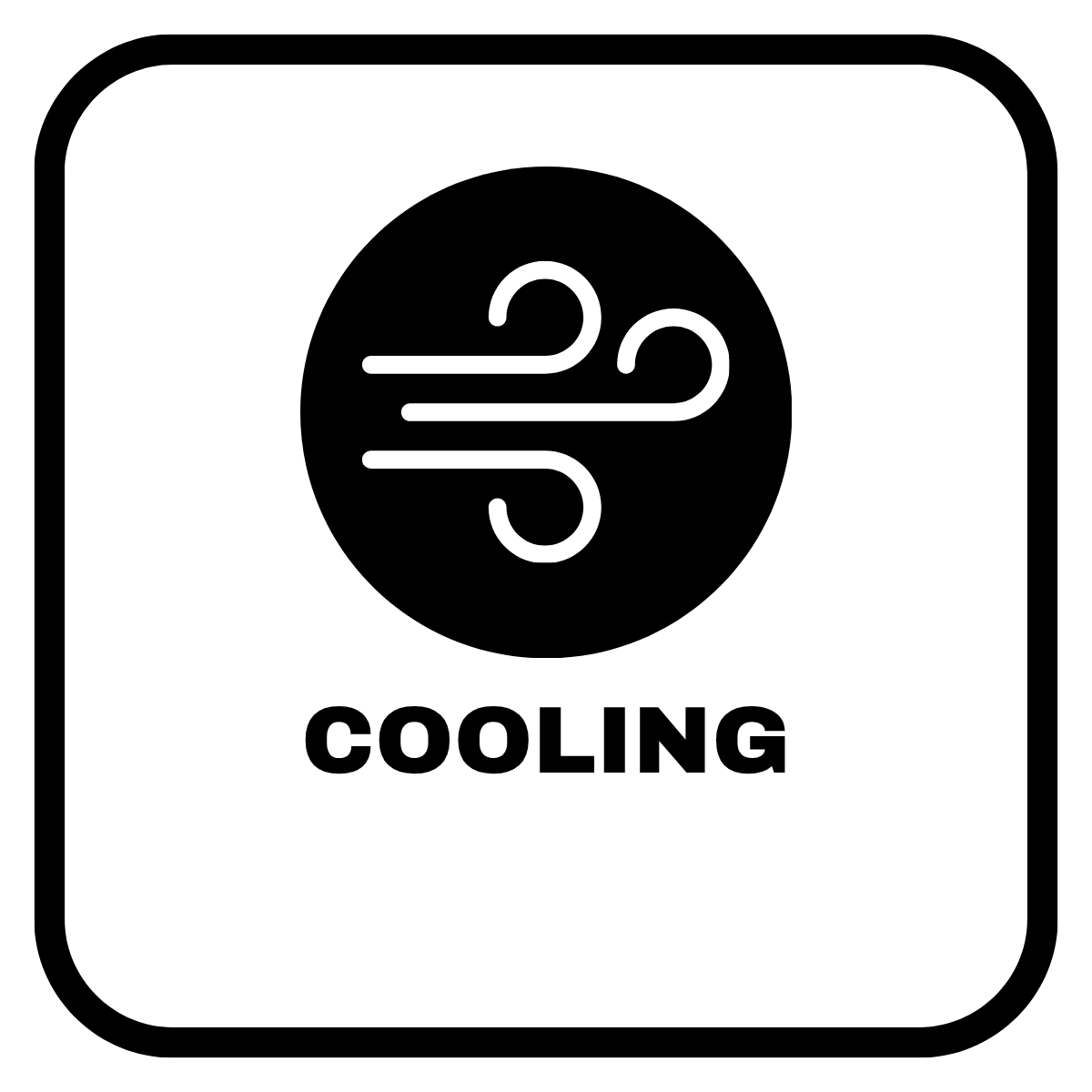 Icon symbol for cooling, featuring a circle with three horizontal lines and two curved lines indicating airflow, and the word 'COOLING' below.