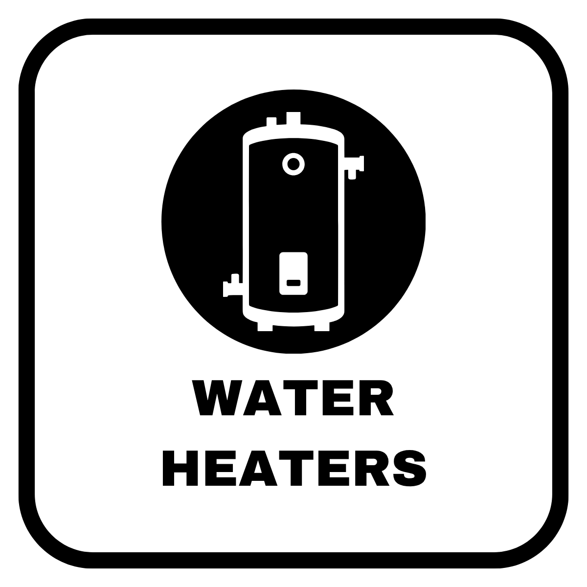 Black and white sign indicating water heaters, with an icon of a water heater above the label.