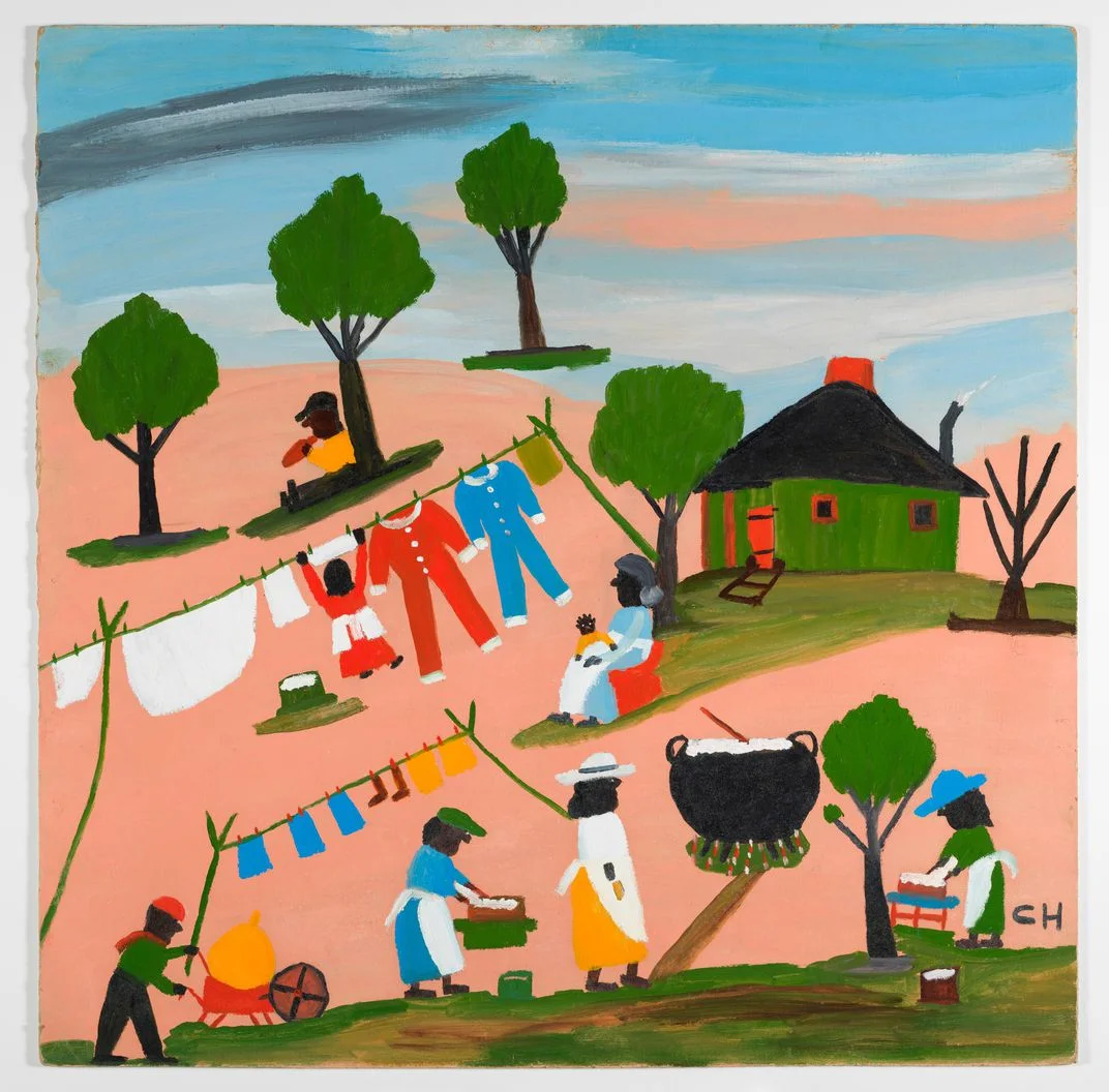 Washday by self-taught artist and Louisianian Clementine Hunter. Source: https://www.smithsonianmag.com/smithsonian-institution/self-taught-artist-clementine-hunter-painted-bold-hues-southern-life-180970572/