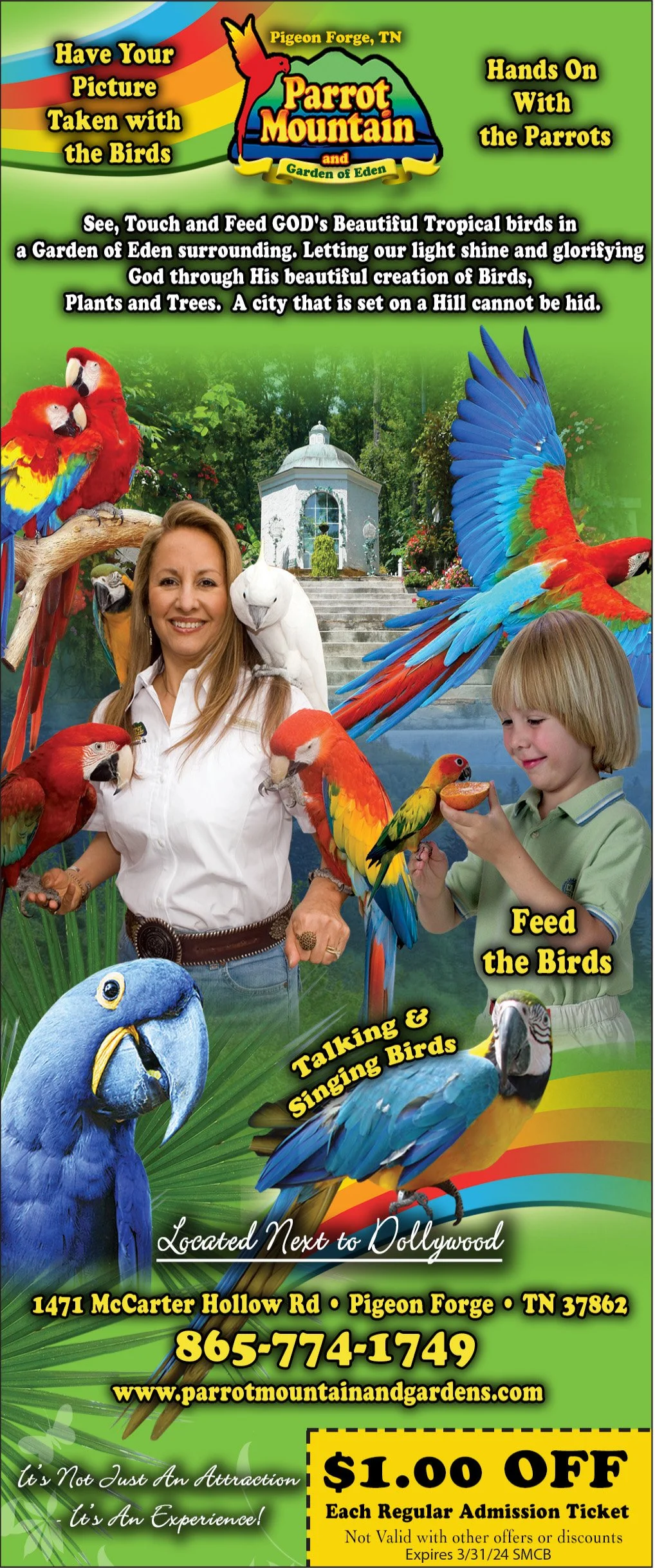 Parrot Mountain & Garden of Eden Coupon 1 off each regular admission