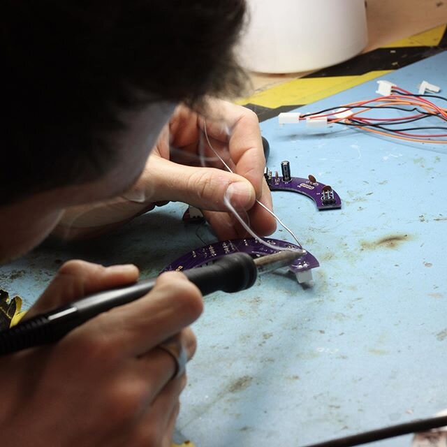 Here's Pete soldering up an Enayball PCB. Big shout out to @harryaxten for all the help designing the electronics!